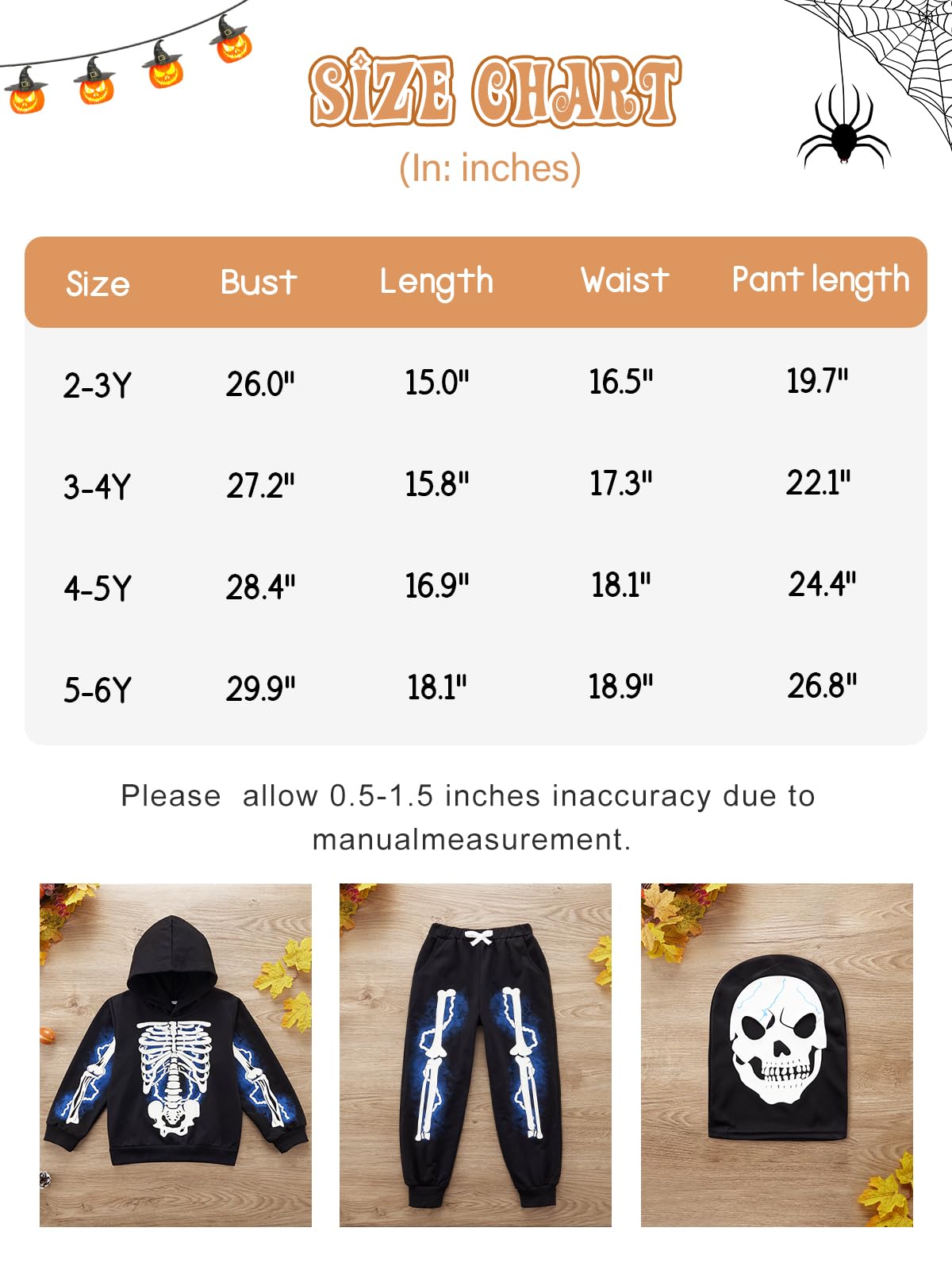 Urmagic Glow In The Dark Hoodies Set For Toddler Boys Girls Halloween Skeleton Costumes Pumpkin Sweatshirt Tracksuit Pants