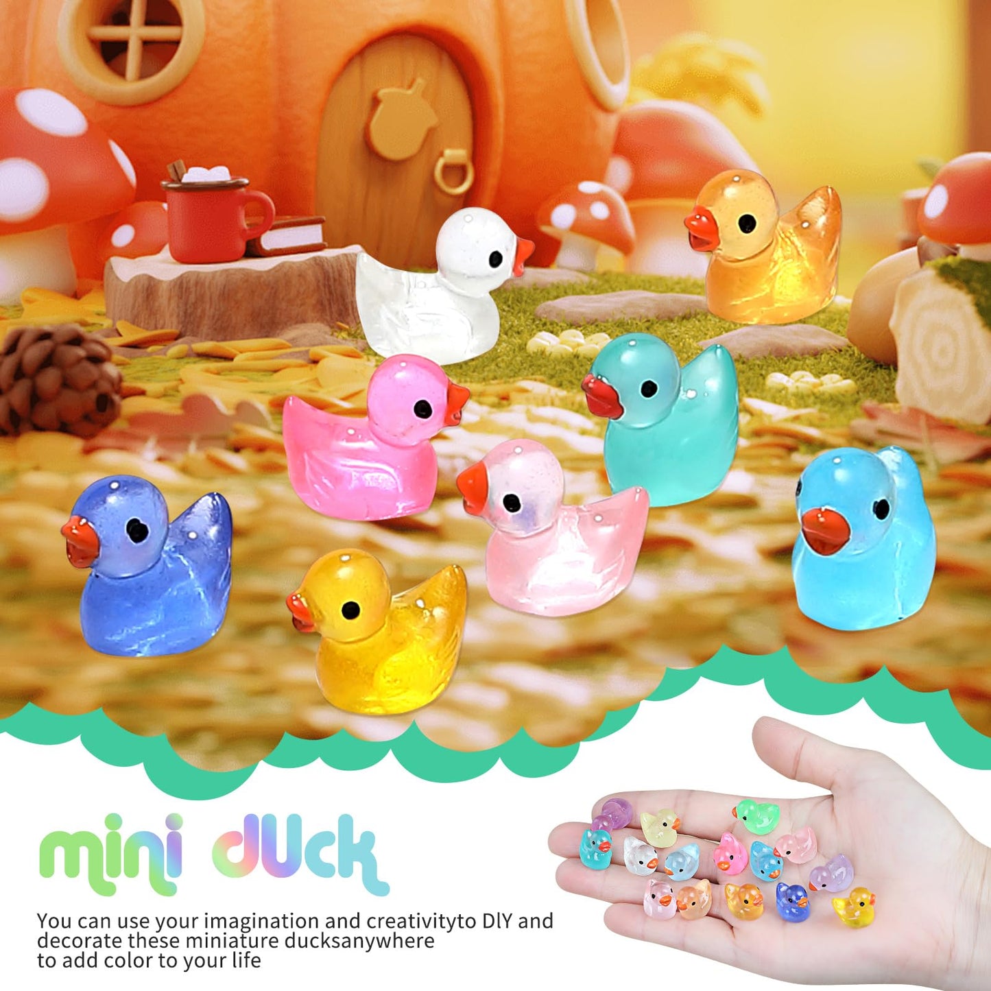 DWWPOO 225 Pcs Luminous Mini Resin Ducks - Multicolor Tiny Glow in The Dark Ornaments for Garden, Dollhouse, Aquarium, DIY Crafts