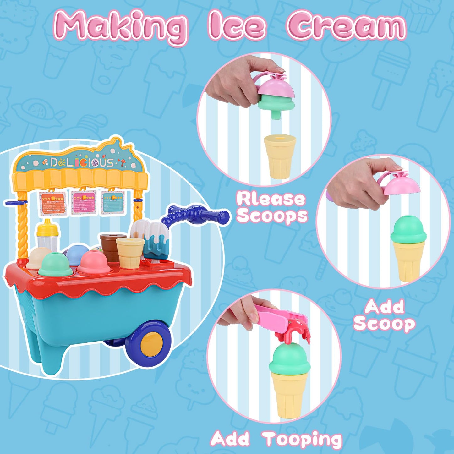 Gifts2U Ice Cream Cart Toys for Kids,45 Pcs Ice Cream Play Set,Pretend Play Store with Storage Trolley,Food Toys,Play Ice Cream
