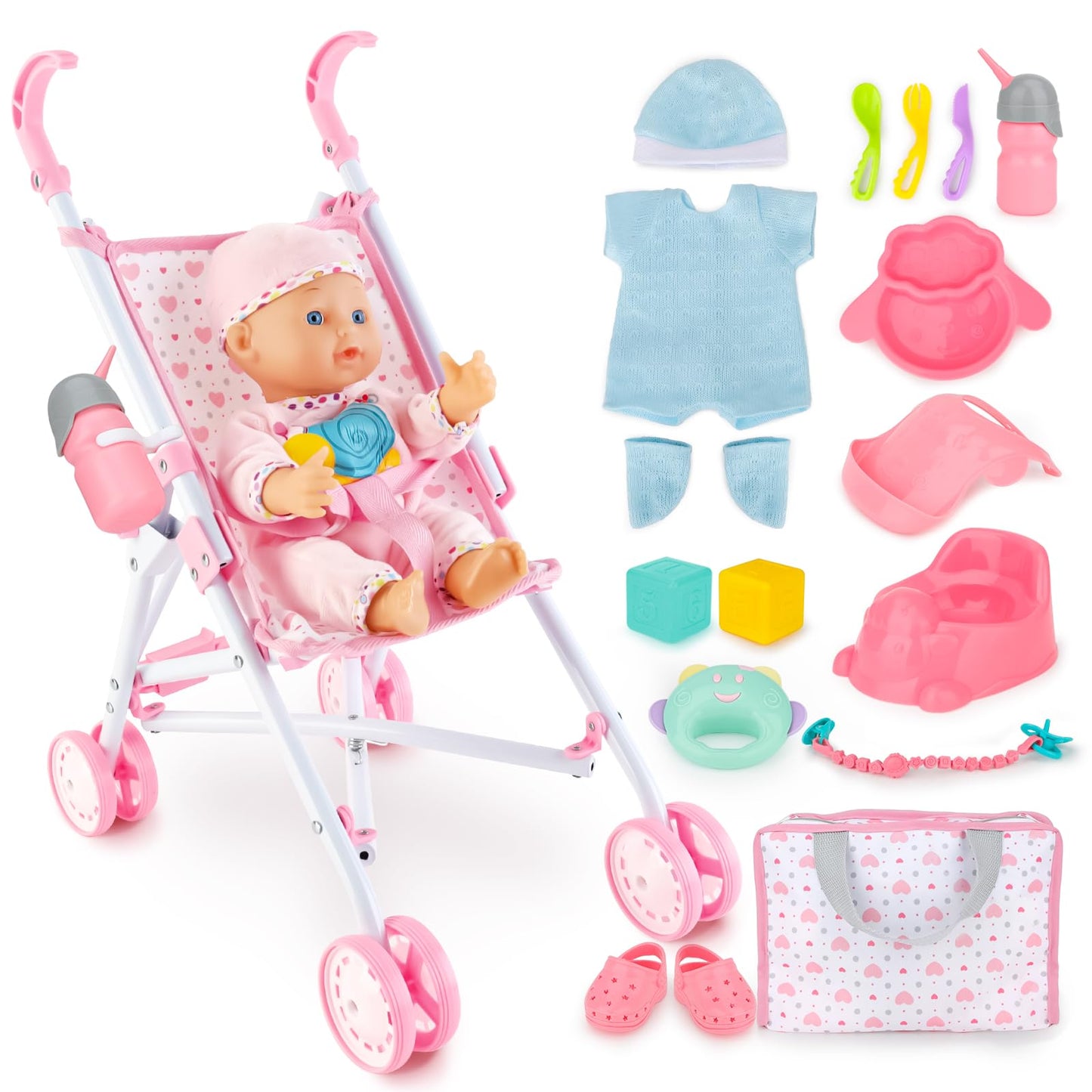 Deao Baby Doll Stroller Set With 13 Inch Doll,Kids Play Stroller Toys,13' Baby Doll Set With Foldable Doll Stroller,18 Pcs Baby Doll Accessories With 2 Sets Doll Clothes