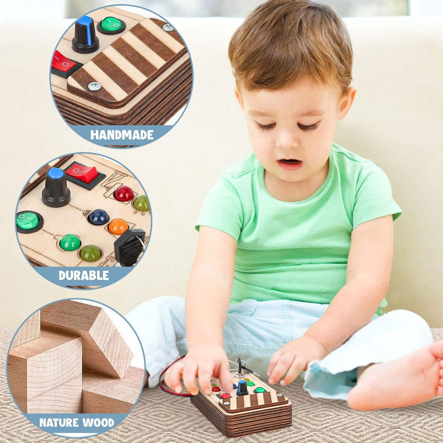 Joyreal Toddler Busy Board, Wooden Montessori Toys for 2 Year Old, Busy Board Toys with LED Light Switch, Sensory Toys Toddler T