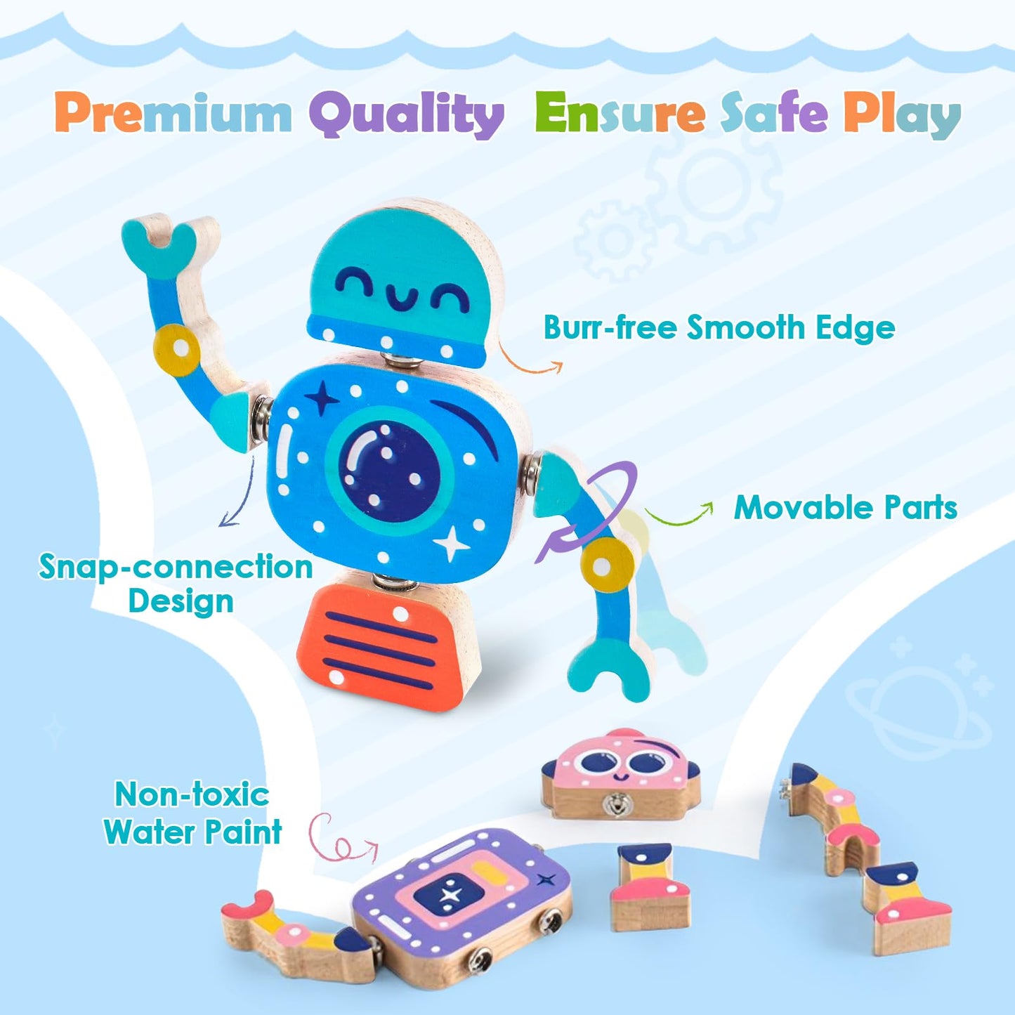 Wooden Snap-Together Building Toys, Robot Building Kit For Kids,Stem Building Blocks,Take Apart Playset 28Pcs, Fine Motor Skill