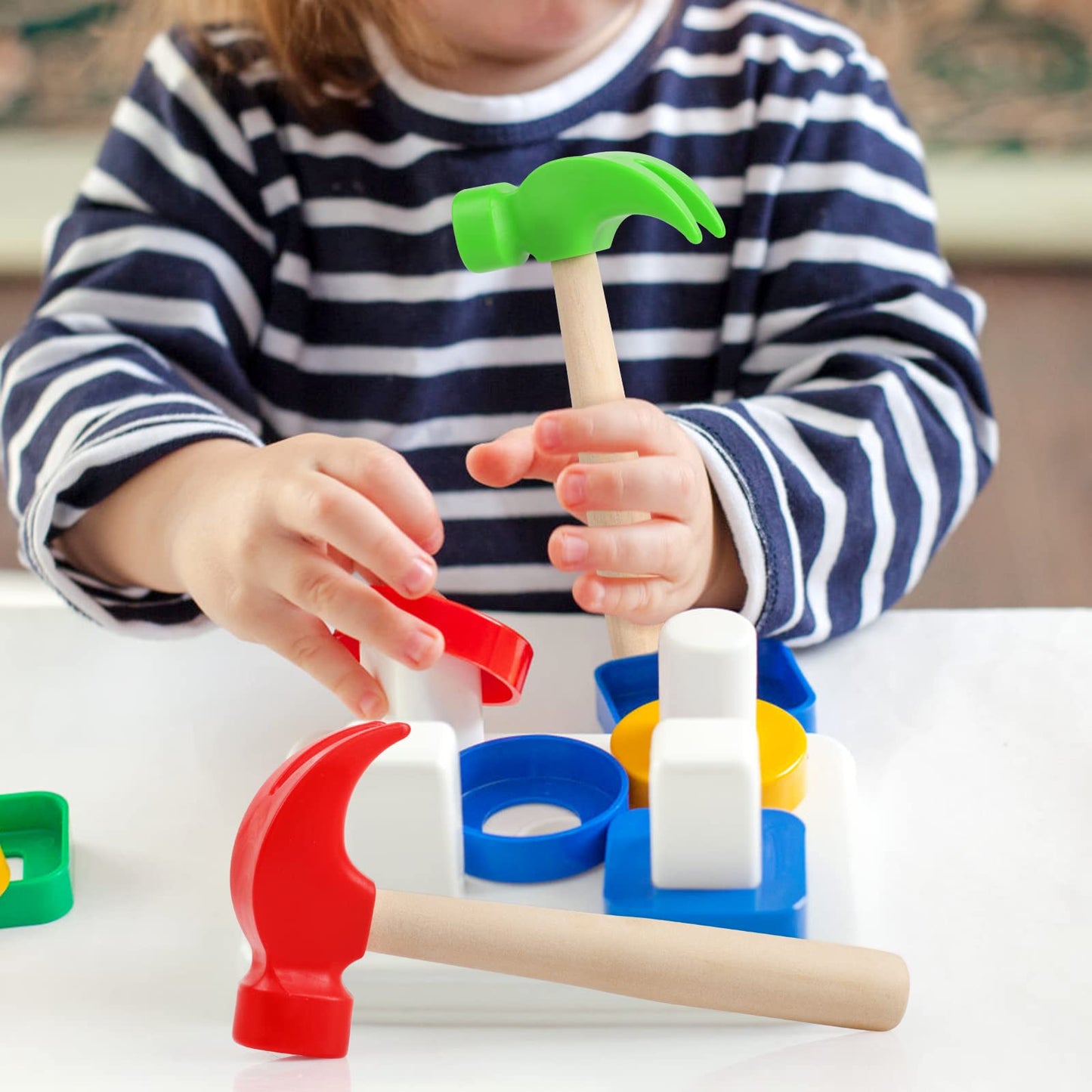 2 Pack Wooden Hammer Toys Simulation Hammers Maintenance Tools Educational Toys For Kids Birthday Party Games Supplies (Red + Green)