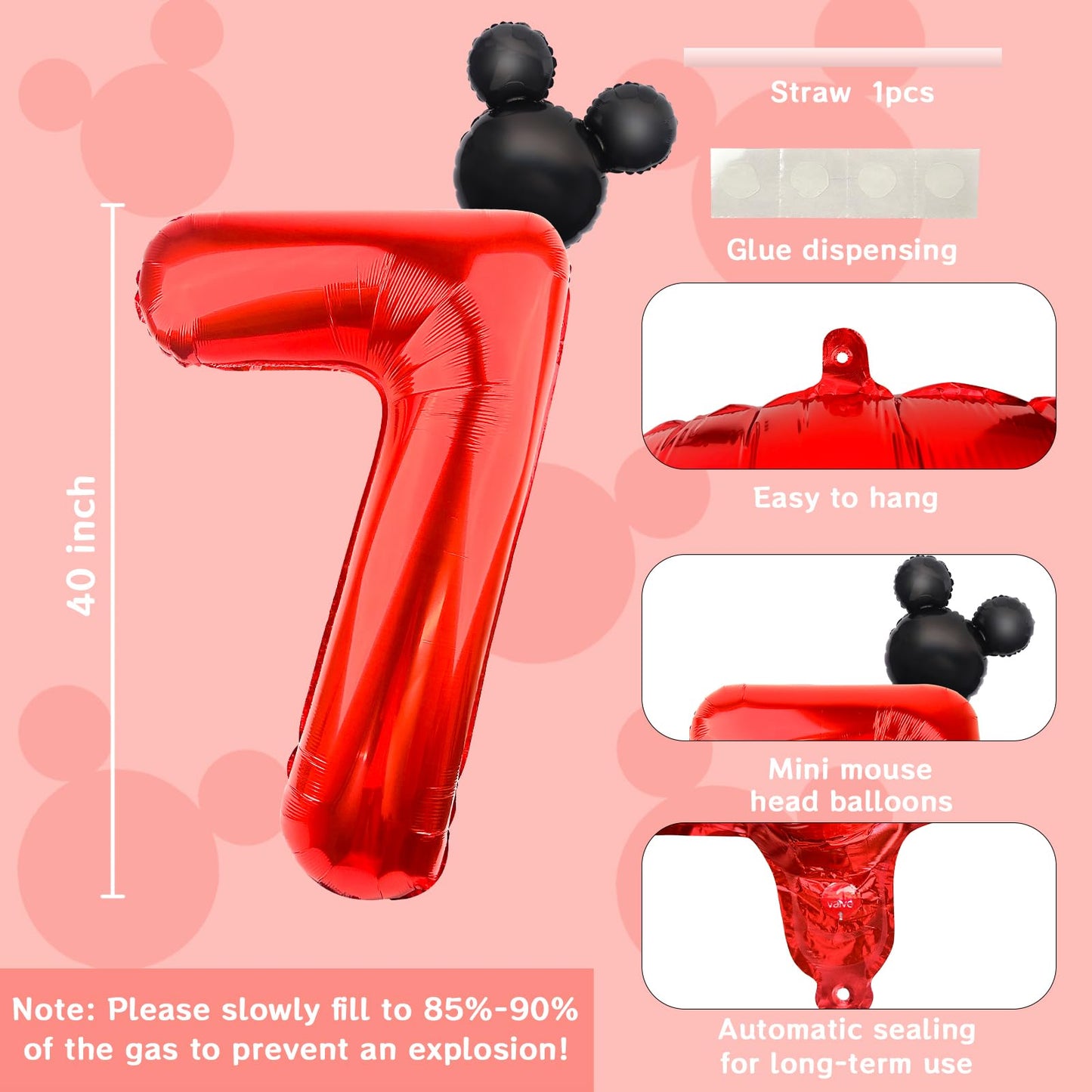 Lebery Mouse Number 7 Balloon 40 Inch Red Number 7 Balloon Mini Mouse Head Balloon For 7Th Birthday Party, Black Red Large Number 7 Foil Balloon For Baby Shower Anniversary Supplies Decorations