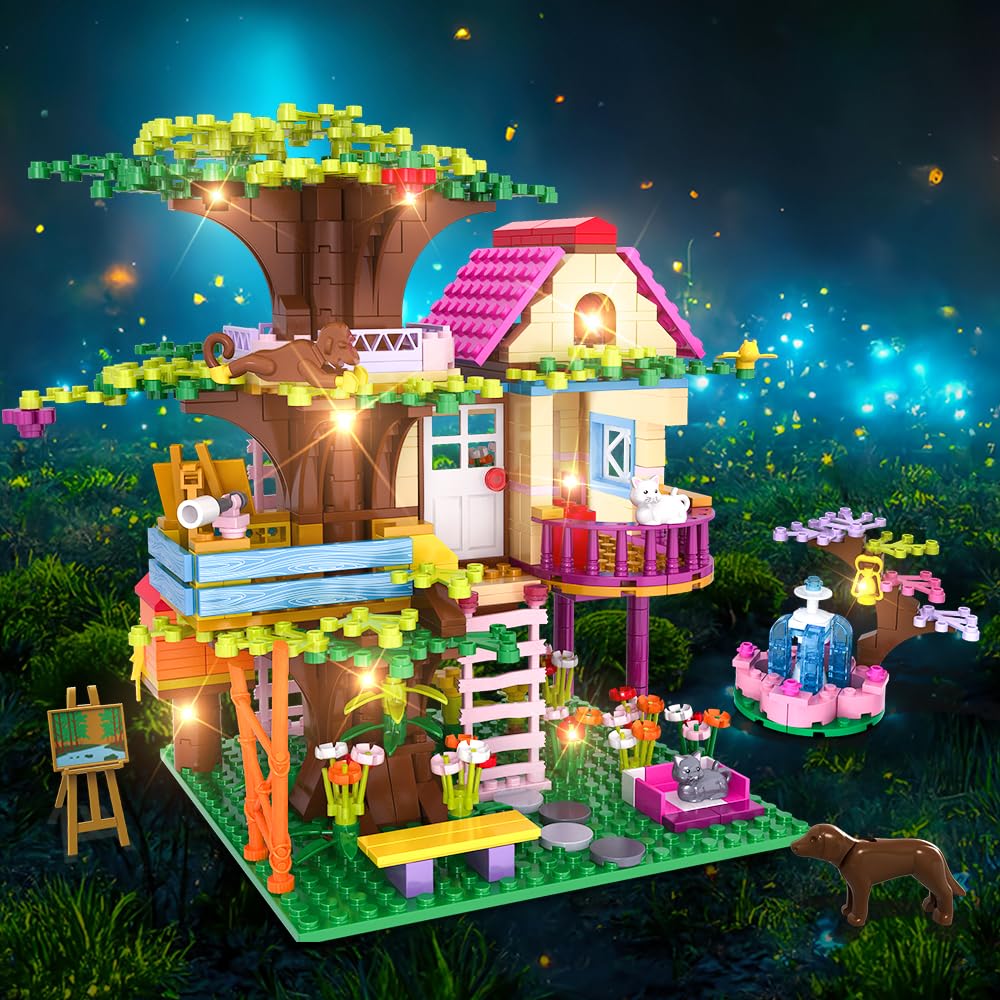 Hogokids Tree House Stem Building Toy - Creative Construction Set 613Pcs Forest House Building Bricks | Treehouse With Fountain And Animals, Building Block Toy For 6 7 8 9 10+ Girls Boys Best Gift