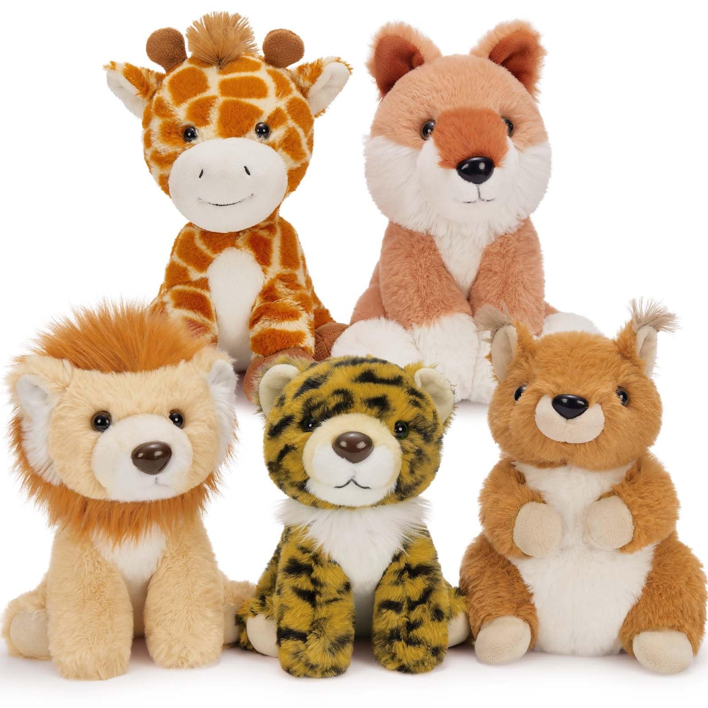 Muiteiur 5 Piece Forest Stuffed Animals,7.1 Inch Cute Jungle Plush Toys, Stuffed Animal Bulk (Tiger,Lion,Fox,Giraffe, Squirrel),