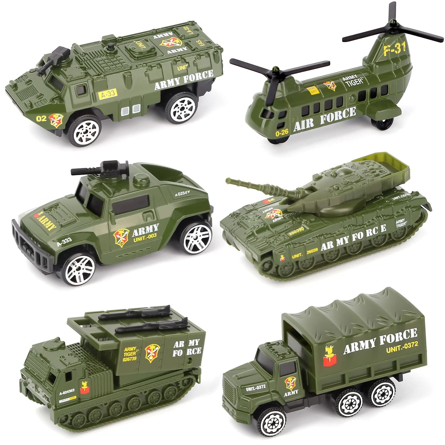 Diecast Military Vehicles Army Toy Mini Pocket Size Play Models Truck Tanks Helicopter for Kids Boys Age 3 4 5,Pack of 6