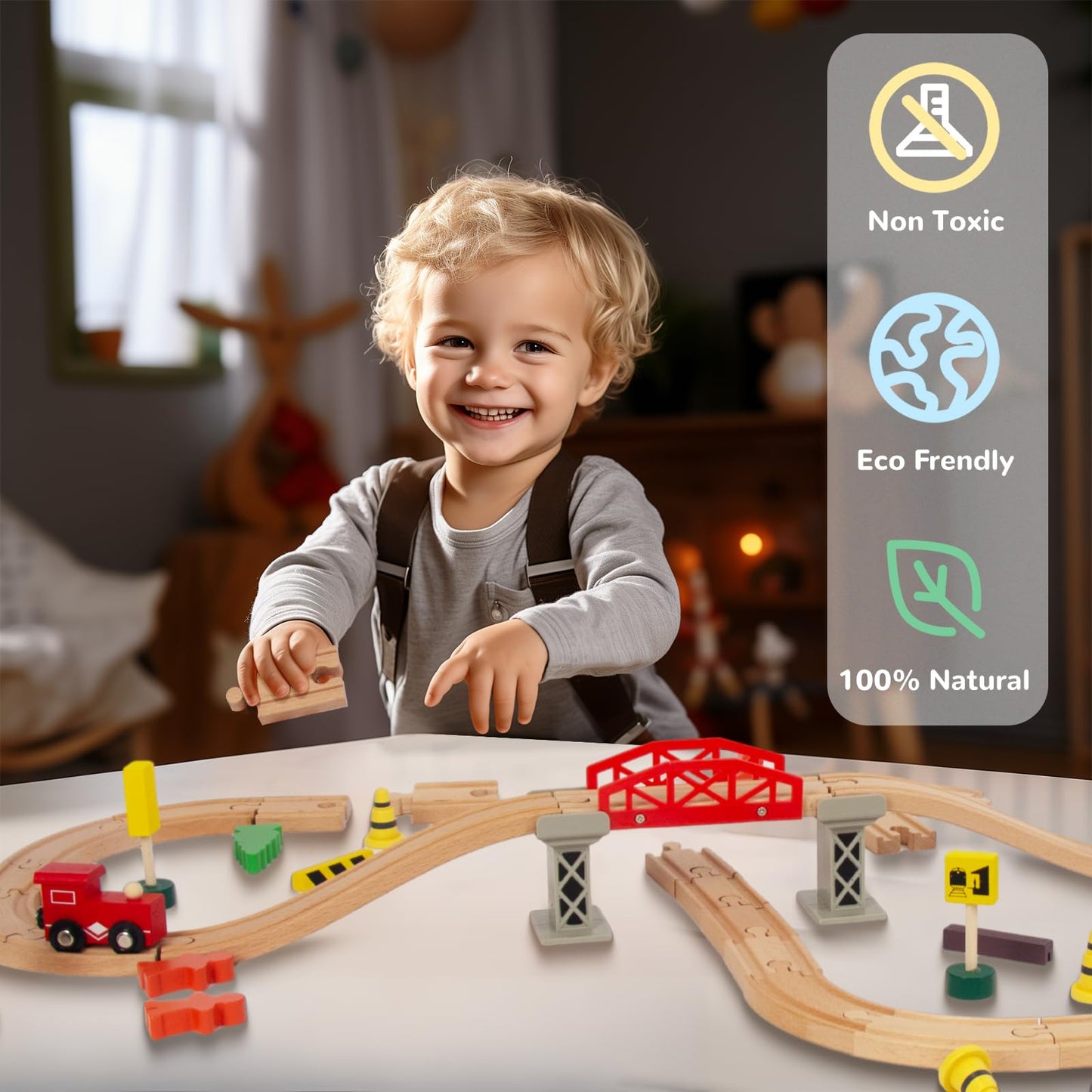 Woodenedu 60Pcs Train Set For Toddlers, Bridge & Double-Side Wooden Train Set Tracks, Fits Brio, Thomas, Melissa And Doug, Kids