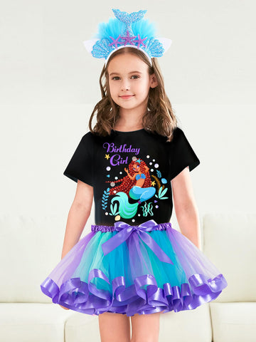 Doctor Unicorn Birthday Girls Mermaid Outfit Set Costume Tutu Skirt Dress, Mermaid Birthday Shirt, Headband & Satin Sash (Black-1, 3-4 Years)