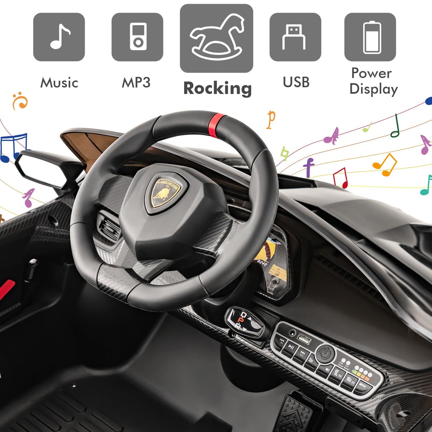 Olakids 2 Seater Kids Ride On Car, 12V 4WD Electric Lamborghini Veneno, Black, 44’’ x 24’’ x 18’’, Remote Control, Music