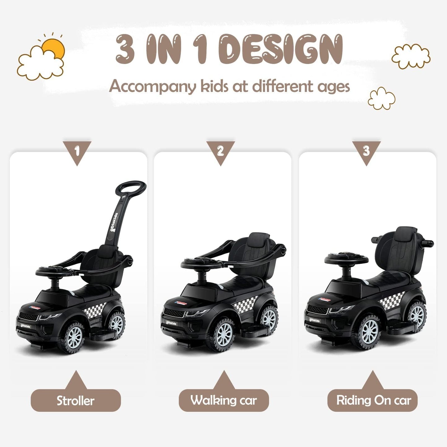 Olakids 4 In 1 Ride On Push Car, Toddlers Stroller Sliding Walking With Horn, Music, Lights, Removable Guardrails And Handle, Underneath Storage, Foot-To-Floor Walker For Boys Girls (Dark)