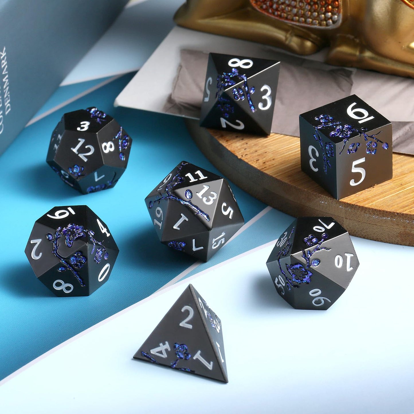 Glitter Blue D&D Metal Dice, DNDND 7 PCS Flower Metallic DND Dice Set with Grogeous Gift Case for Dungeons and Dragon Tabletop G