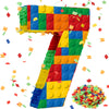 RoundFunny Number 7 Building Blocks Piata 16.5 Inch Piata Party Supplies 7th Birthday Party Decorations Piata with Confetti Bloc
