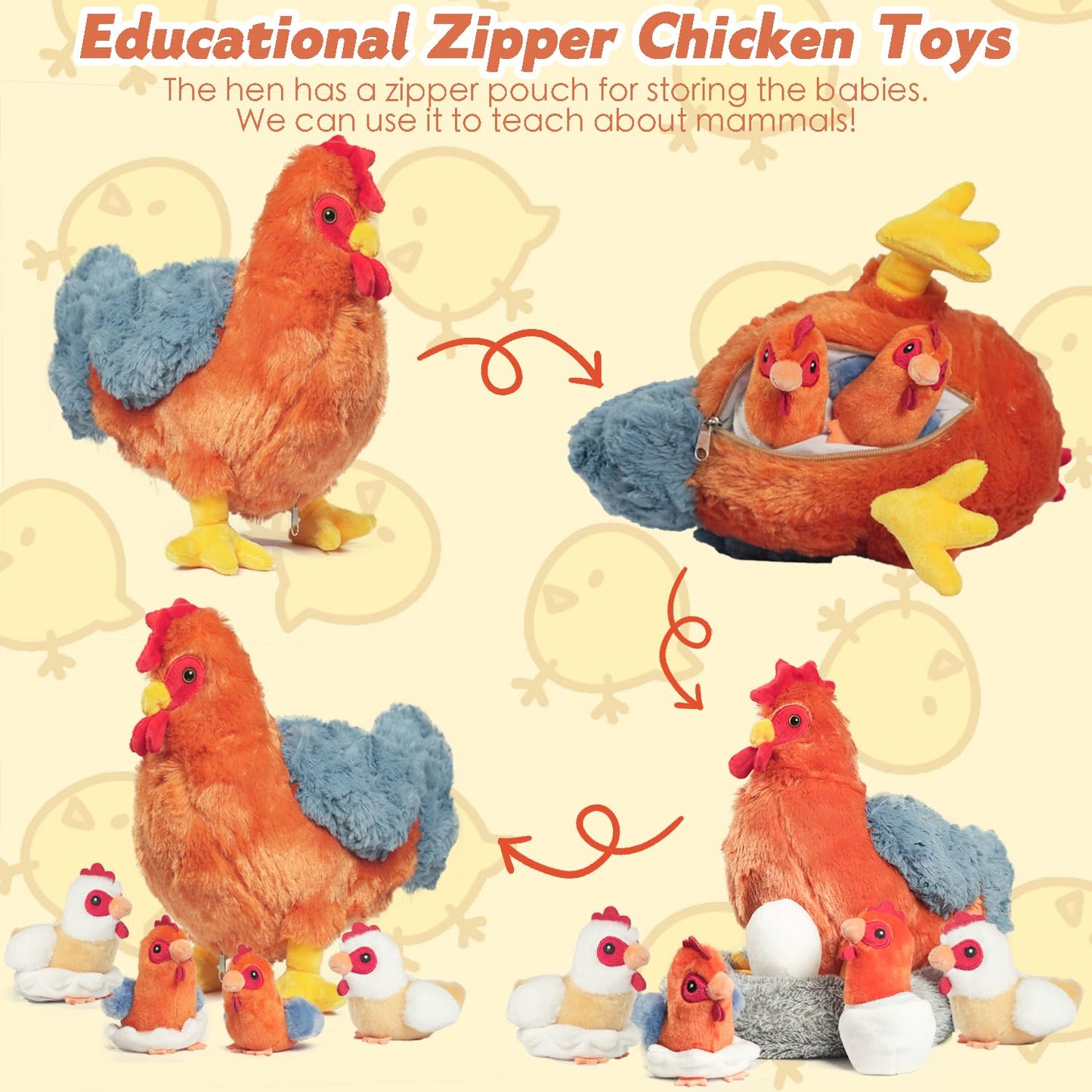 9 In 1 Chicken Stuffed Animal Set, Zippered Stuffed Chicken Plush Toys Egg Laying Hen With Eggs, Baby Chicks Plush Chickens And