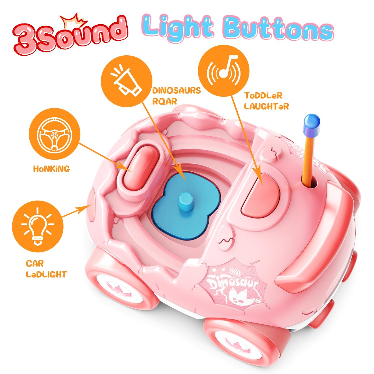 2 Pack Remote Control Car Toys for Girls 2 3 4 Years Old, Race Cars for Toddlers, Dinosaur Toys for Kids 2-4, RC Car Toys with M
