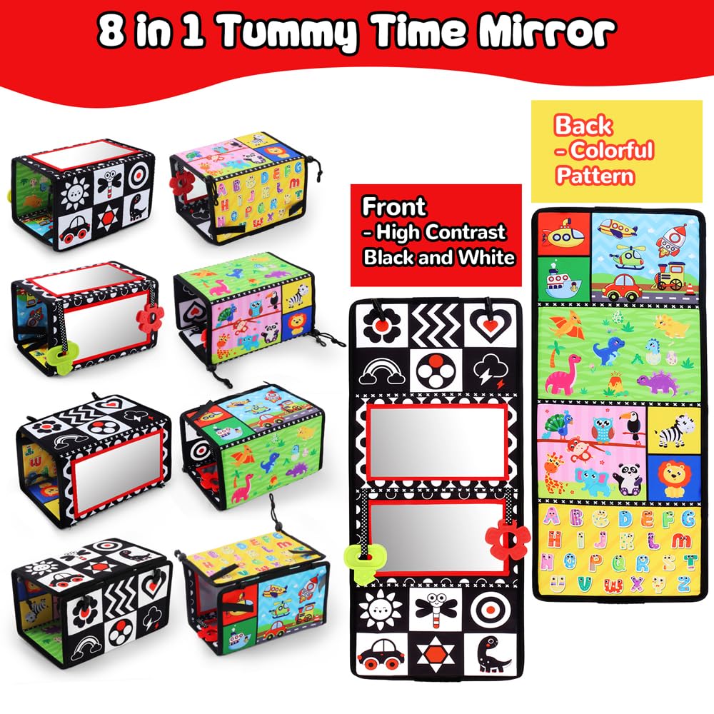 Tummy Time Floor Mirror With Teethers, Double-Sided Baby Mirror Black And White High Contrast Baby Toys For Babies, Baby Montessori Toys Crawling Developmental Newborn Infant Sensory Toys (A-Mirror)