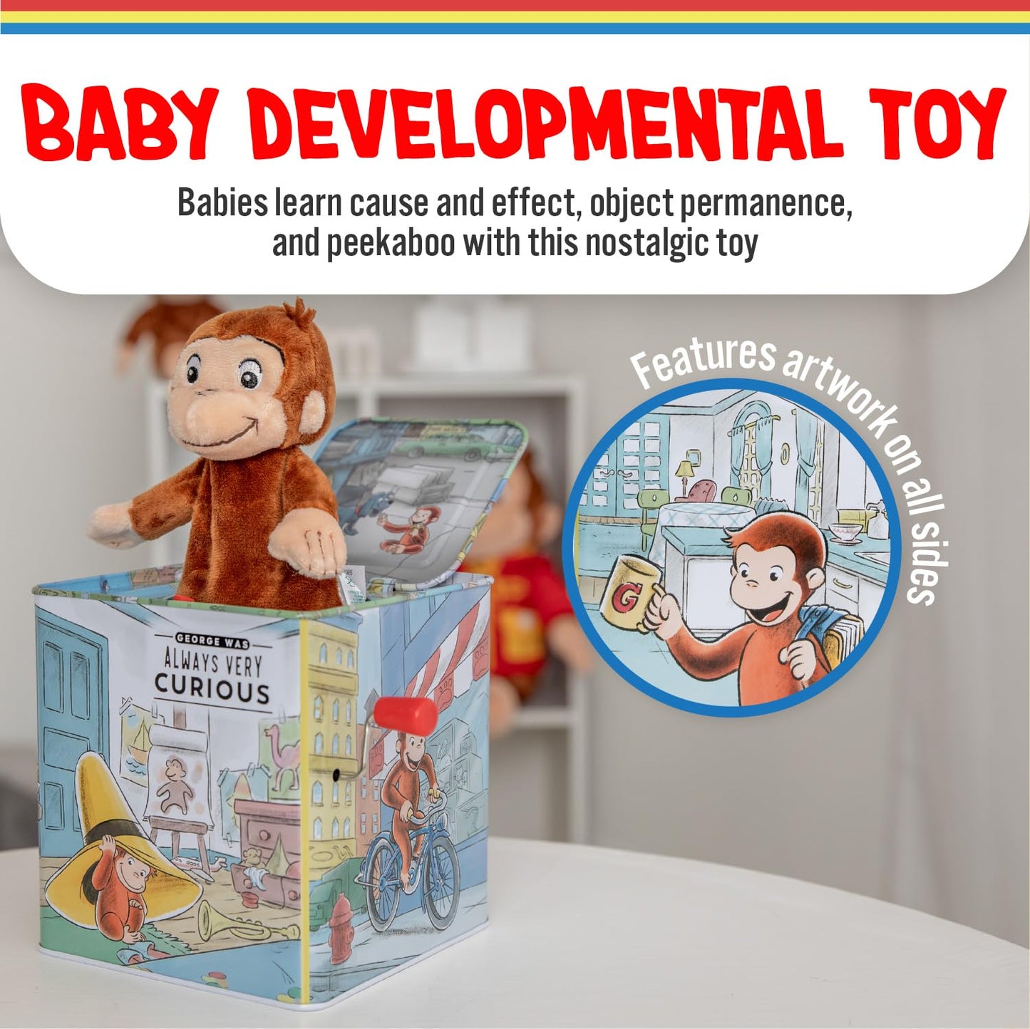 KIDS PREFERRED Curious George Jack-in-The-Box Musical Toy for Babies, Yellow, Small Size, Fun & Interactive Gift
