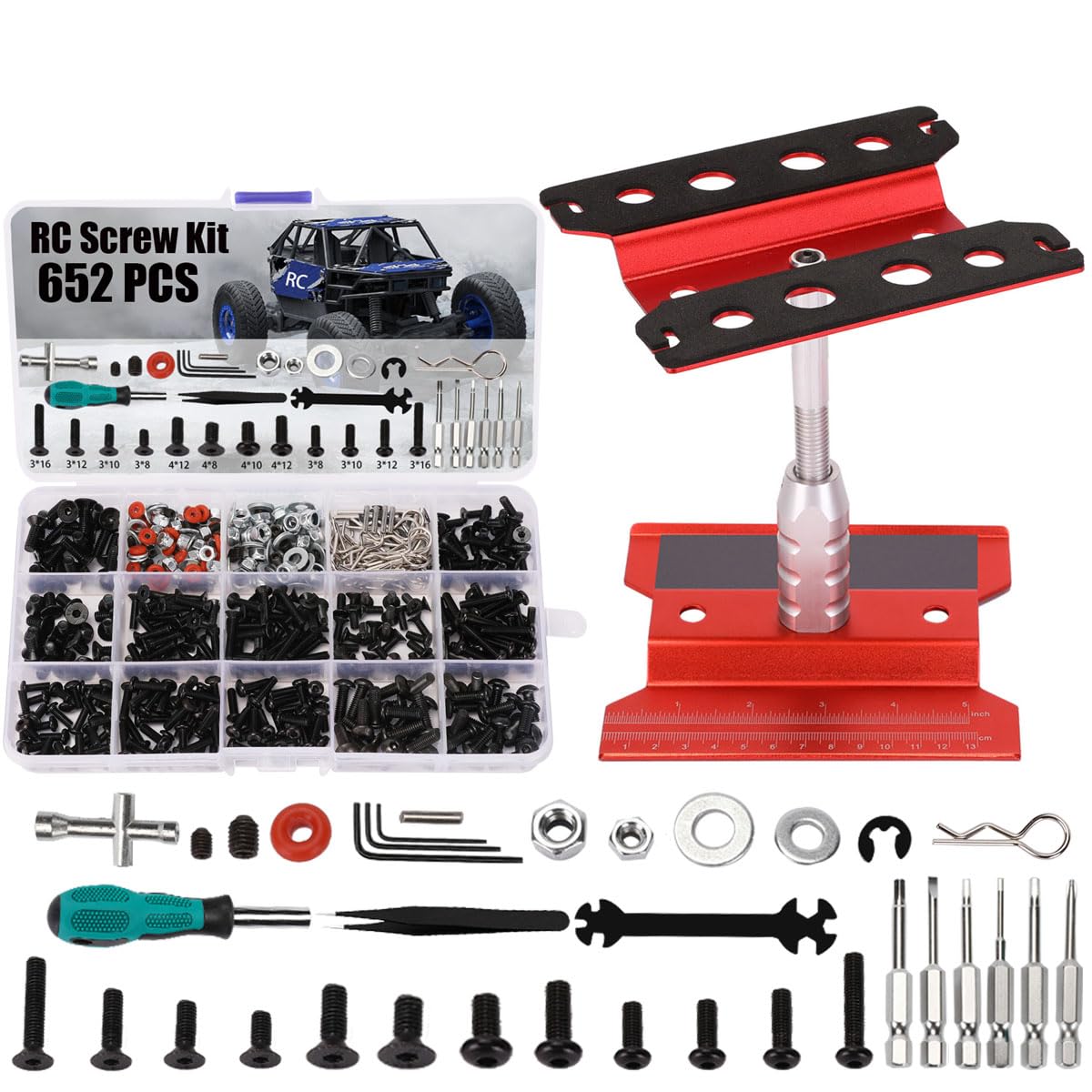 RC Car Stand and 652 PCS RC Screw Kit RC Car Work Stand Repair Workstation RC Hardware Kit Universal RC Car Screw Tools Assortme