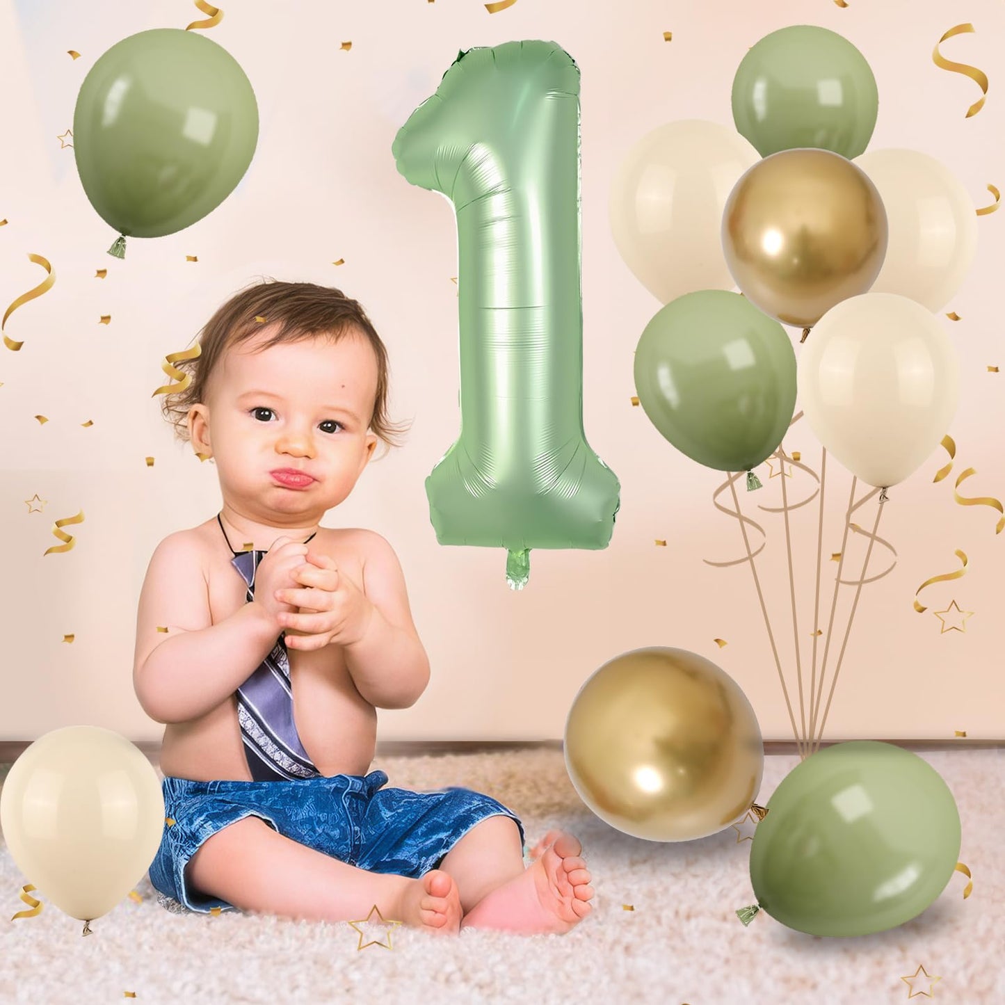 40 Inch Sage Green Number 1 Balloon, Olive Green 1St Birthday Balloons, Retro Sand White Avocado Green Gold Latex Balloons 1 Foi