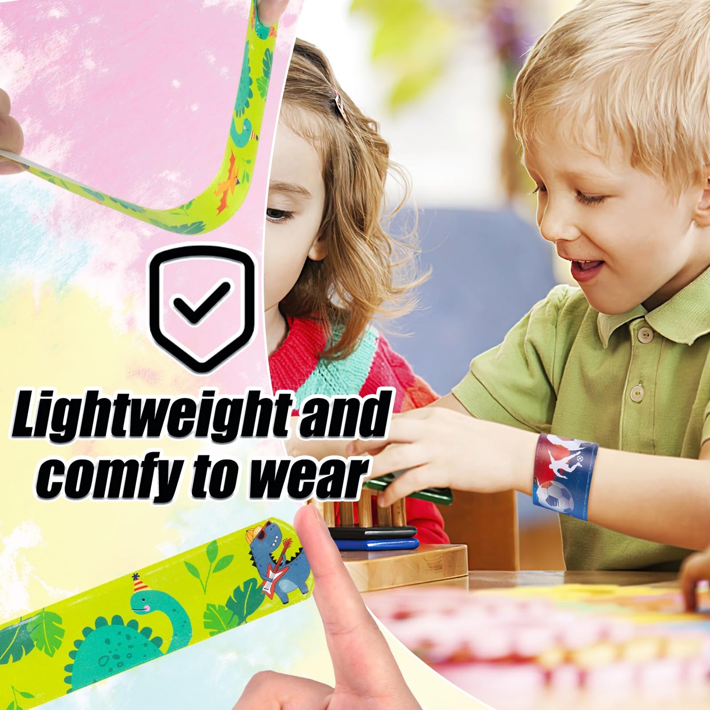 POPLAY 48PCS Kids Slap Bracelets, Slap Wristbands Bulk Tie Dye Bracelets Dinosaurs Mermaid Space Galaxy for Party Favors Classro