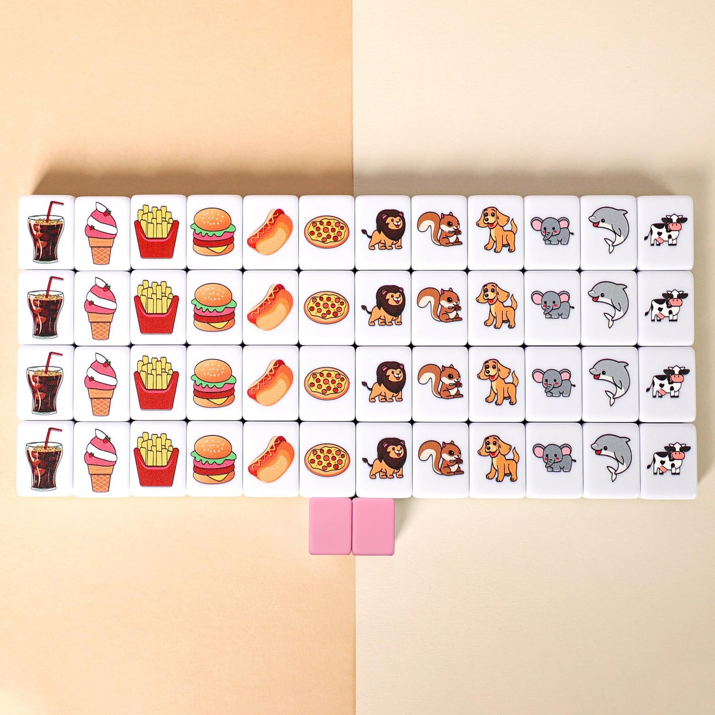 GRACIAS 2 Player Mahjong Block Set - 50 Premium Pink Tiles (30mm) with Animal & Food Patterns, Portable with Carry Bag