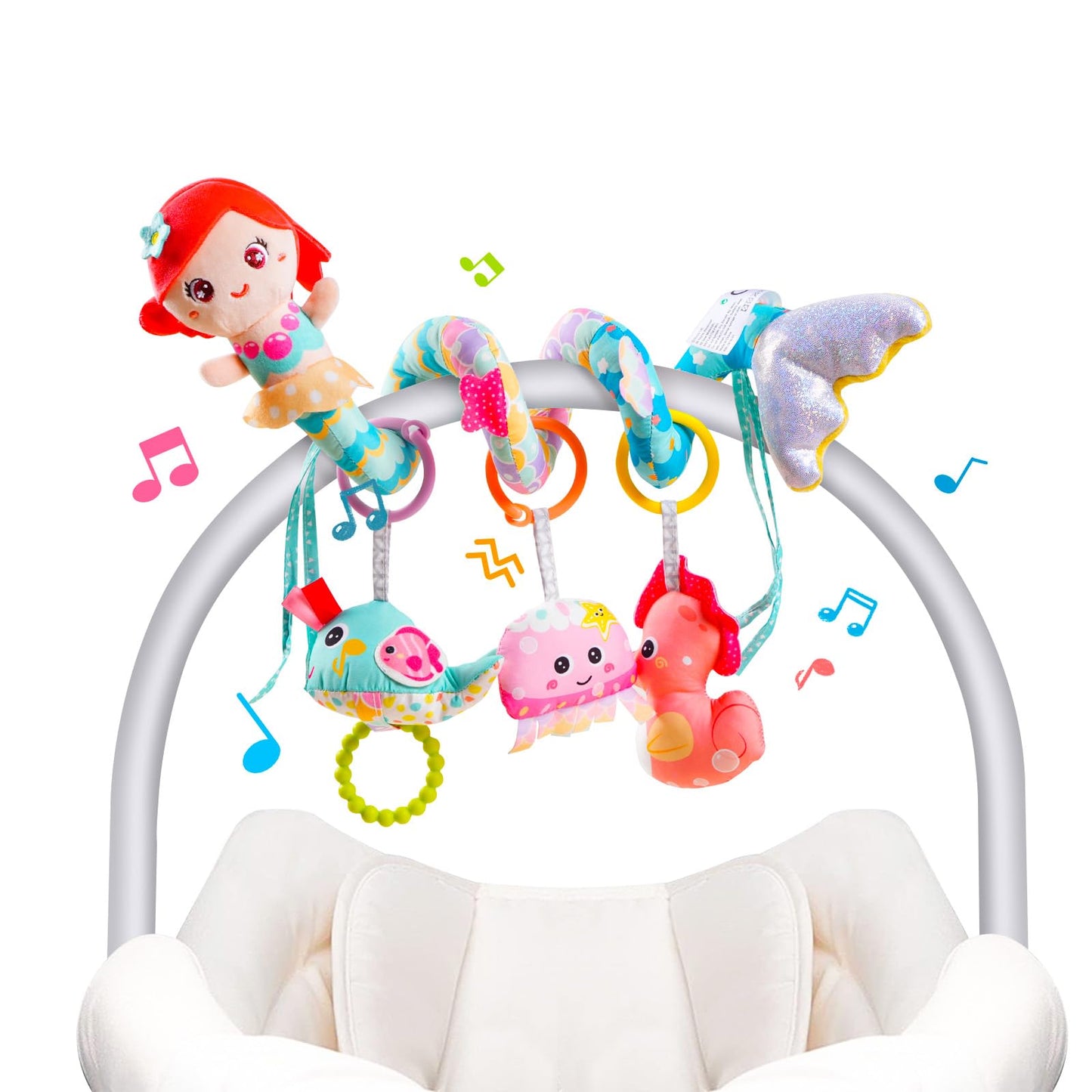 Koty Carseat Toys Hanging, Blue Mermaid Stroller Toys For Babies 0-6 Months, Baby Car Seat Toy With Crinkle, Teether, Music Box,