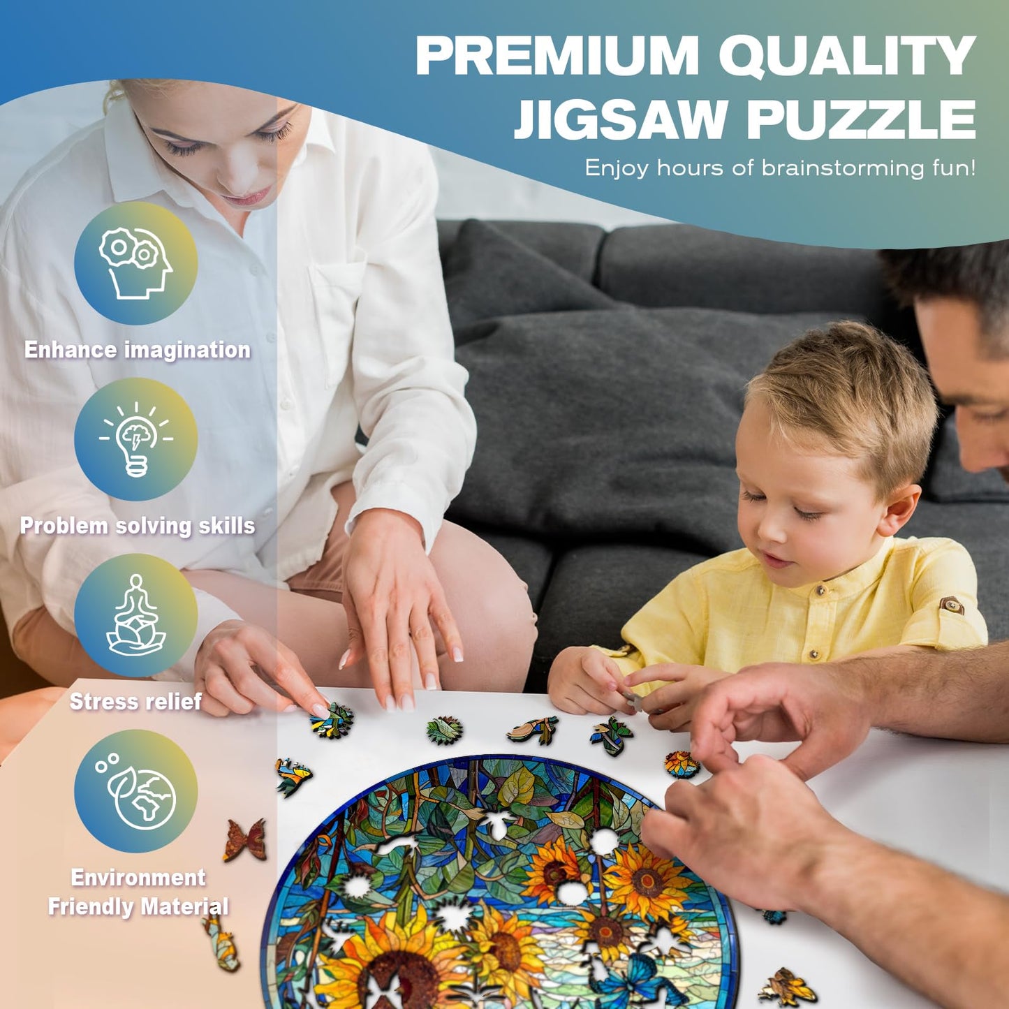 Wooden Puzzles For Adults - Unique Shaped Wooden Puzzles For Adults And Kids - Stained Glass Sunflower Wooden Jigsaw Puzzles - C