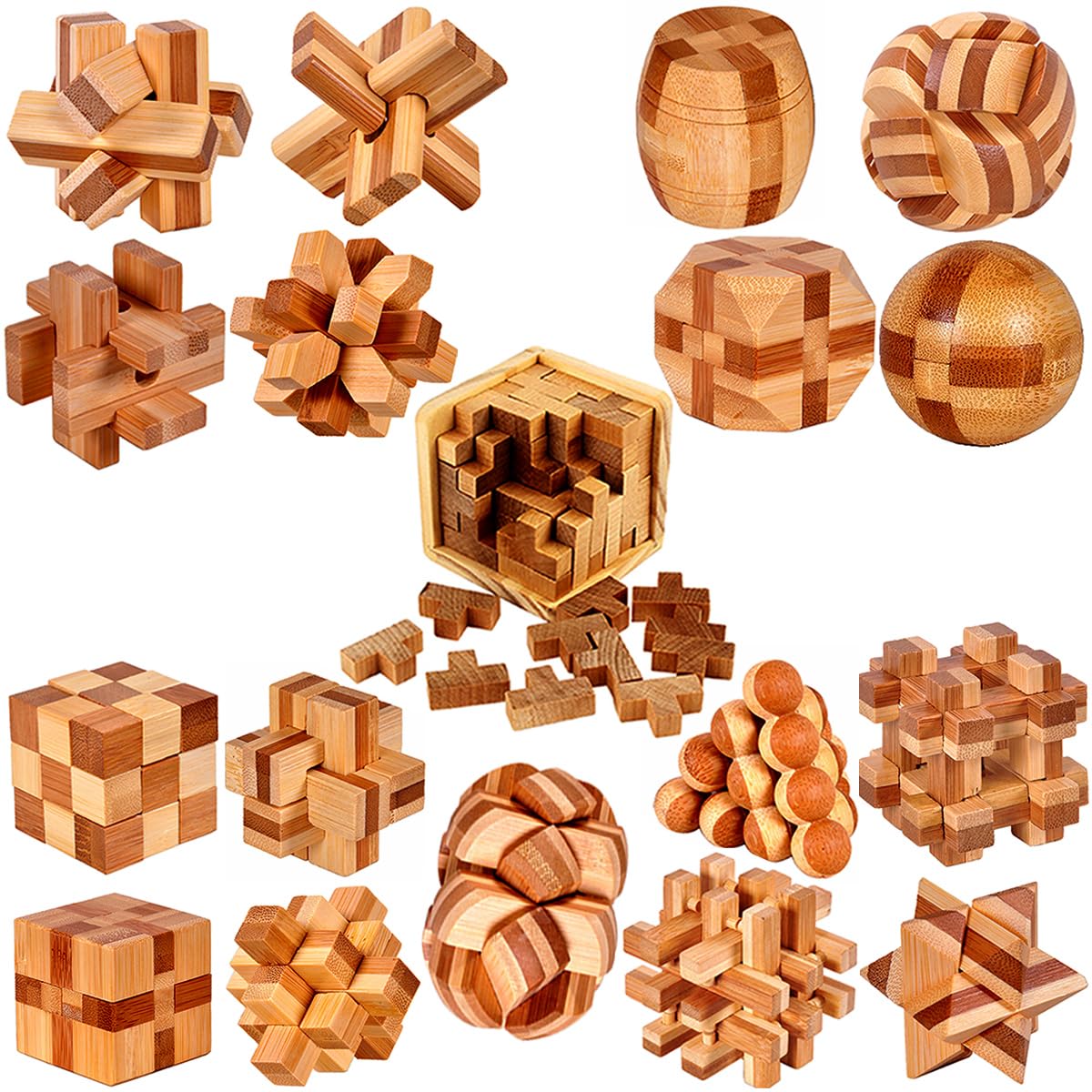 18 Pack Wooden Brain Teaser Puzzles Easter Basket Stuffers Wooden Burr Puzzles Brain Teaser Puzzle With Gift Packing Box Magic Puzzle Games Toys For Kids And Adults By Ahyuan (Bamboo)