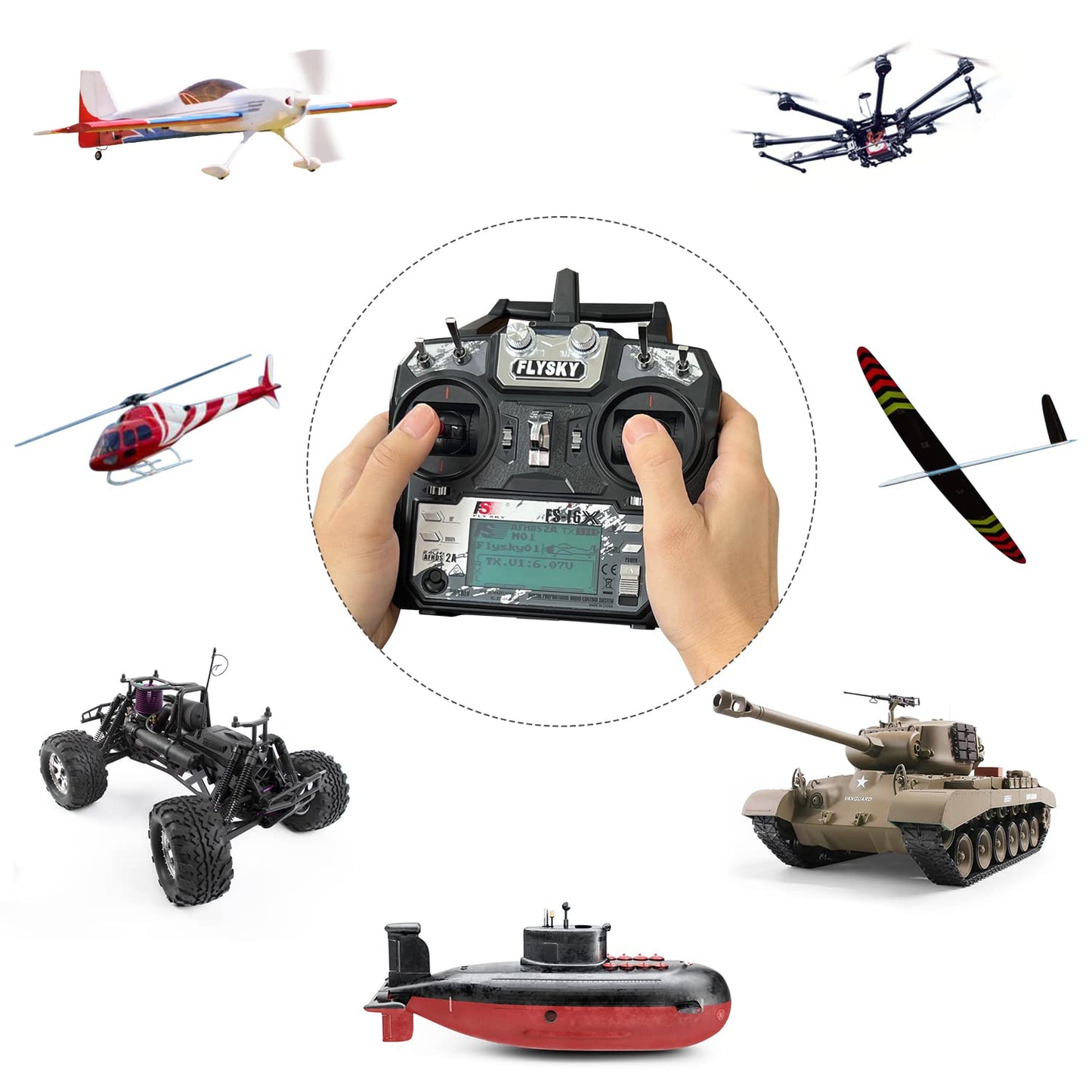 Hawk'S Work Fs-I6X 10 Ch Transmitter, 2.4Ghz Rc Controller With Fs-Ia6B Receiver For Drone Multirotor Airplane Helicopter Car Ta