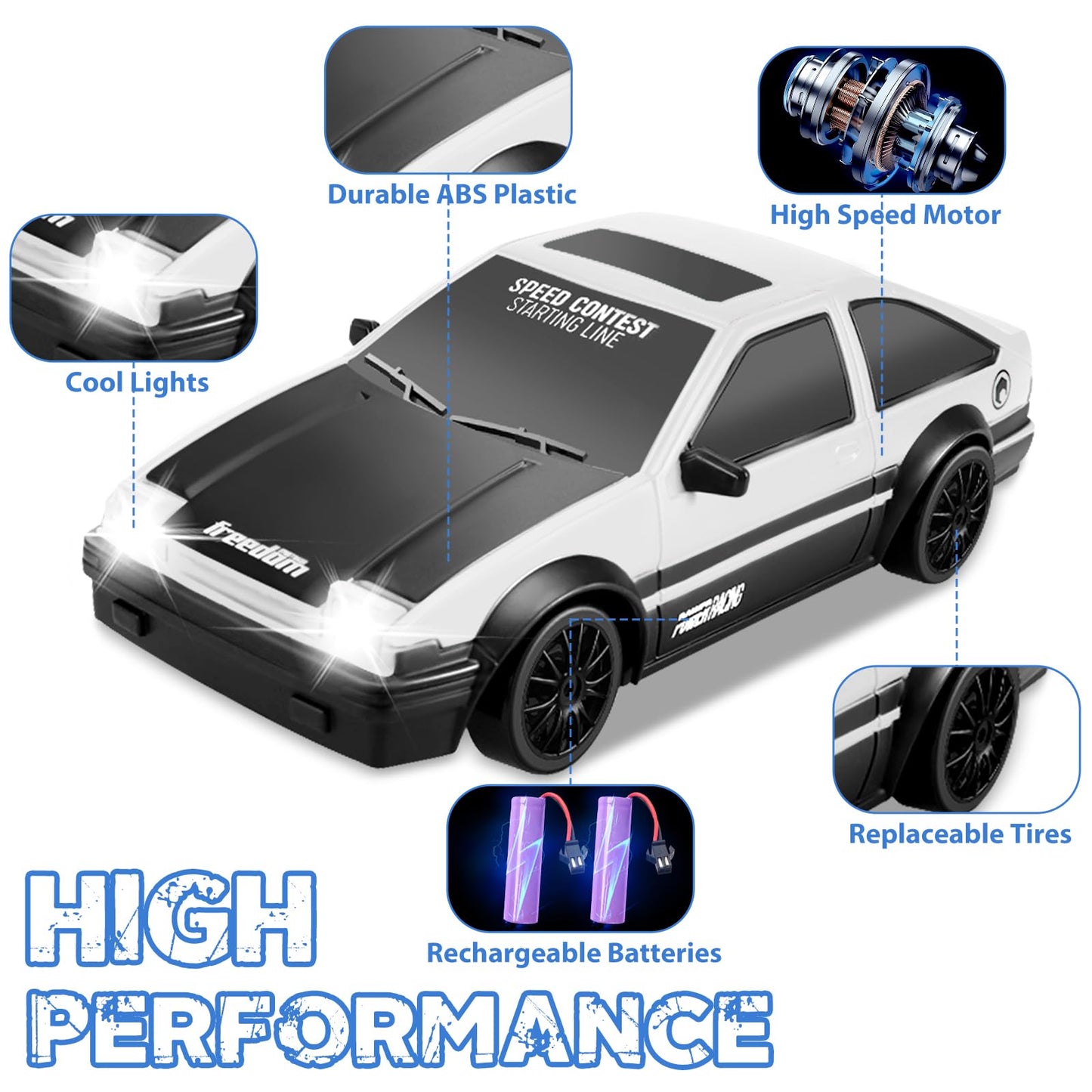 YUAN PLAN RC Cars Remote Control Car, 1/24 2.4GHz 4WD Drift Car High Speed RC Cars Racing Cars with Cool Lights, Two Rechargeabl