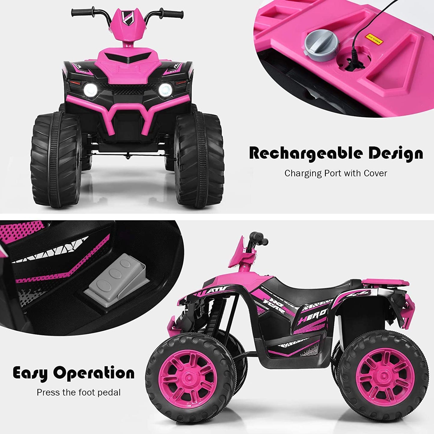 Olakids 12V Kids Ride On Atv, 4 Wheeler Electric Vehicle For Toddlers, Battery Powered Motorized Quad Toy Car For Boys Girls With Led Lights, Music, Horn, High Low Speed, Soft Start (Pink)