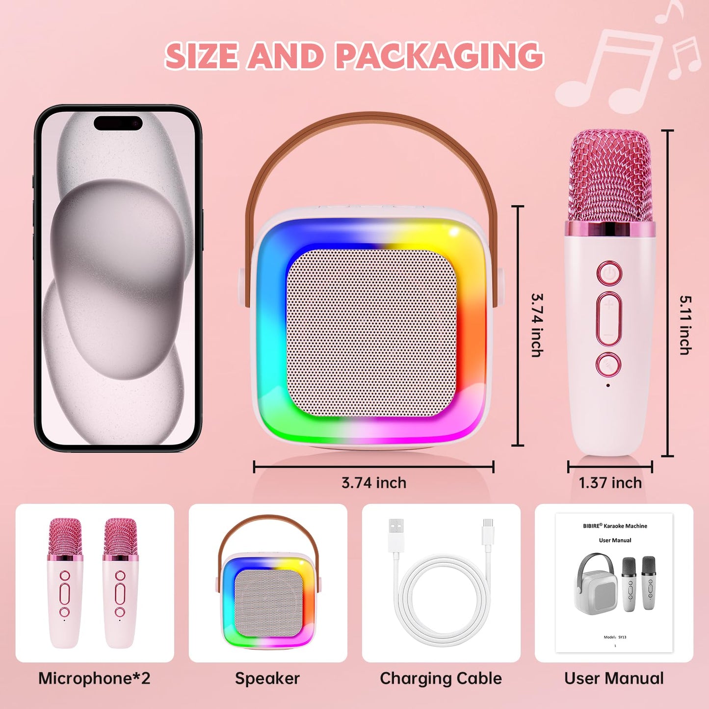 Kids Karaoke Microphone Machine Toy, Portable Bluetooth Speaker With 2 Wireless Microphone, For Kids, Birthday Gift For Girls Bo