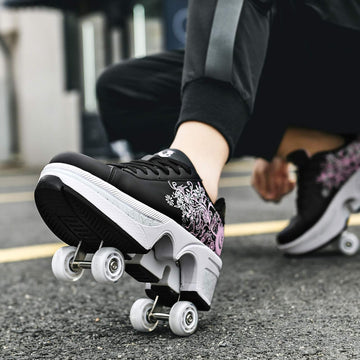 Double-Row Deform Wheel Automatic Walking Shoes Invisible Deformation Roller Skate 2 in 1 Removable Pulley Skates Skating Parkour (Black Powder US 7)