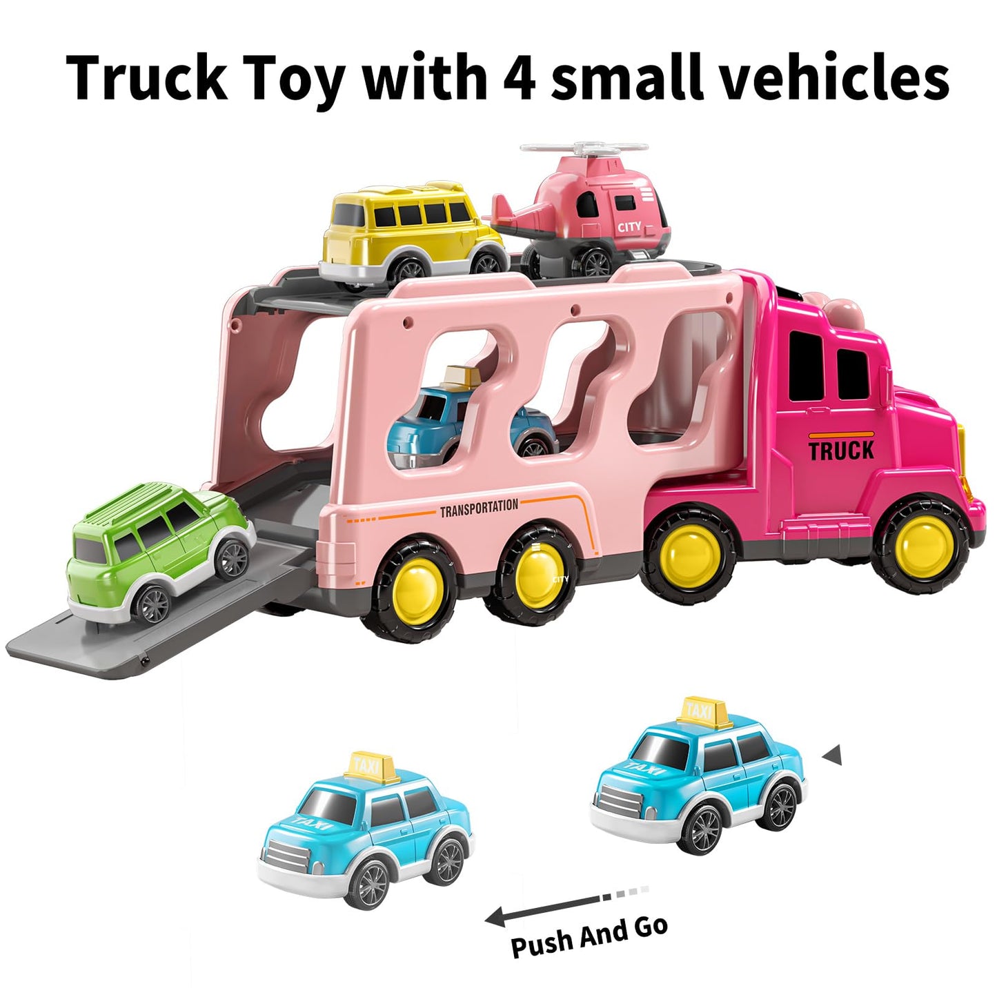 Temi Girls Toddler Truck Toys For 3 4 5 6 Year Old Girls, 5-In-1 Friction Powered Vehicle Car Toy For Toddlers 3-6, Carrier Toys For Kids 3-5, Christmas Birthday Gifts For Girls Age 3-9