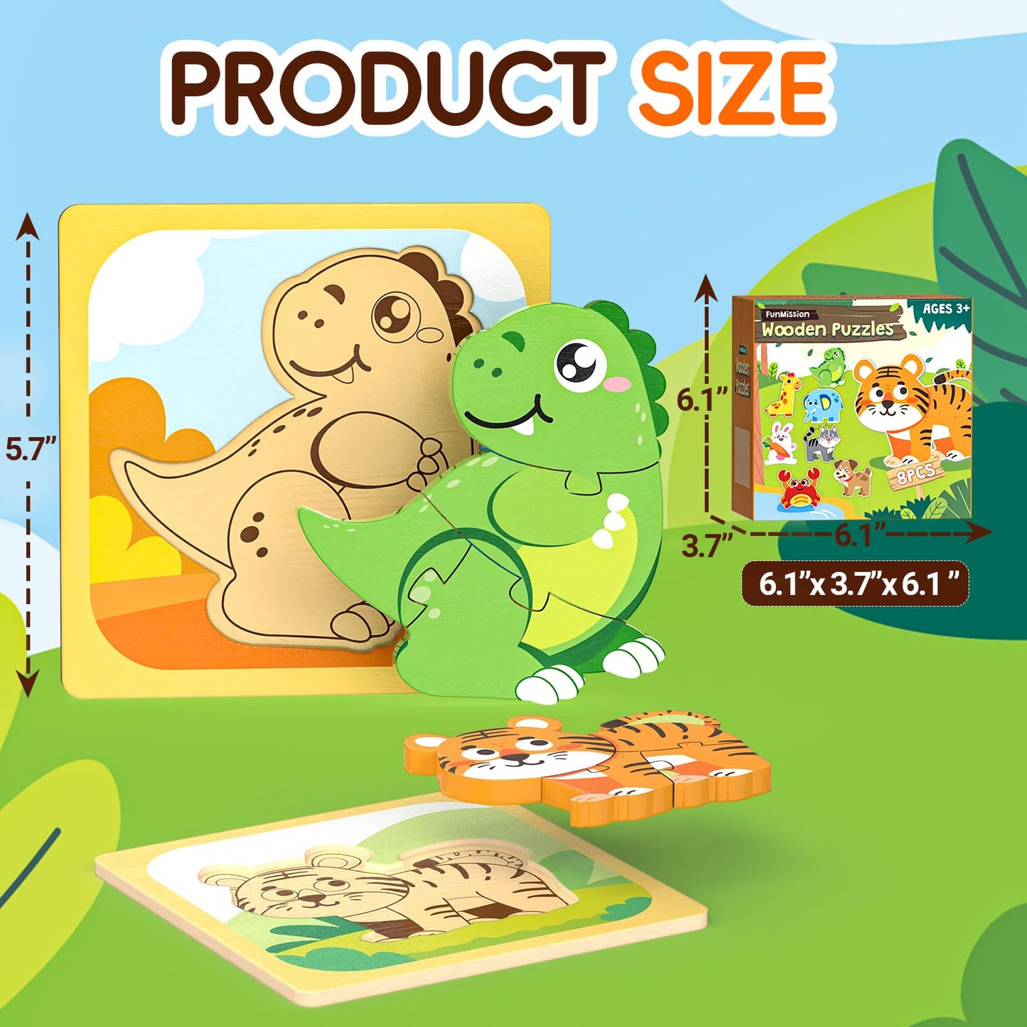 Funmission Puzzles, 8Pcs Animals Jigsaw Puzzles Toddler Toys, Brain Teaser Puzzles Montessori Toys, Wooden Puzzle Games, Educati