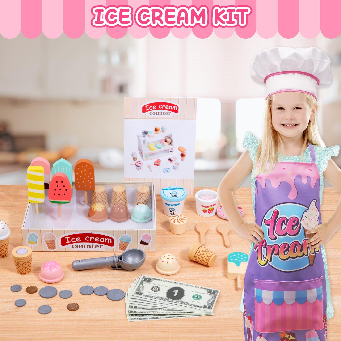 HAPGFS Wooden Ice Cream Toys for Toddlers 3-5 Kids Play Store Pretend Food Kitchen Accessories with Scoop & Menu & Toy Cash, Woo