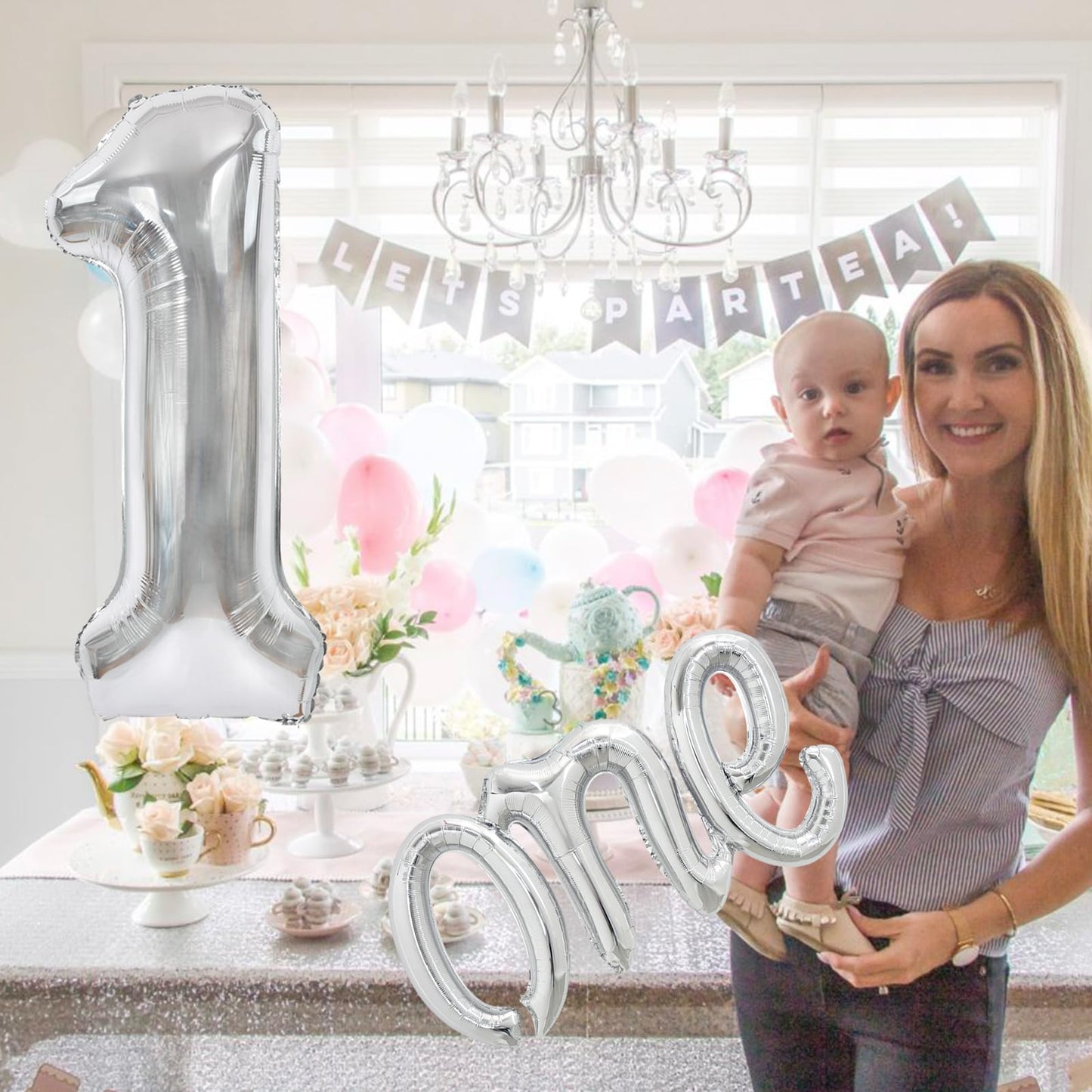 Toniful 40 Inch Giant Silver Number 1 Balloon,Mylar Foil Script Cursive Letter 1 Balloon Banner For Boys Girls Kids First Birthd
