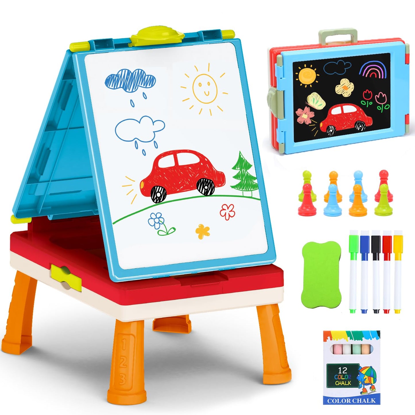 Kids Art Easel Toys, Foldable Double-Sided Tabletop Easel with Chalkboard & Whiteboard, Painting Accessories Included, Creative