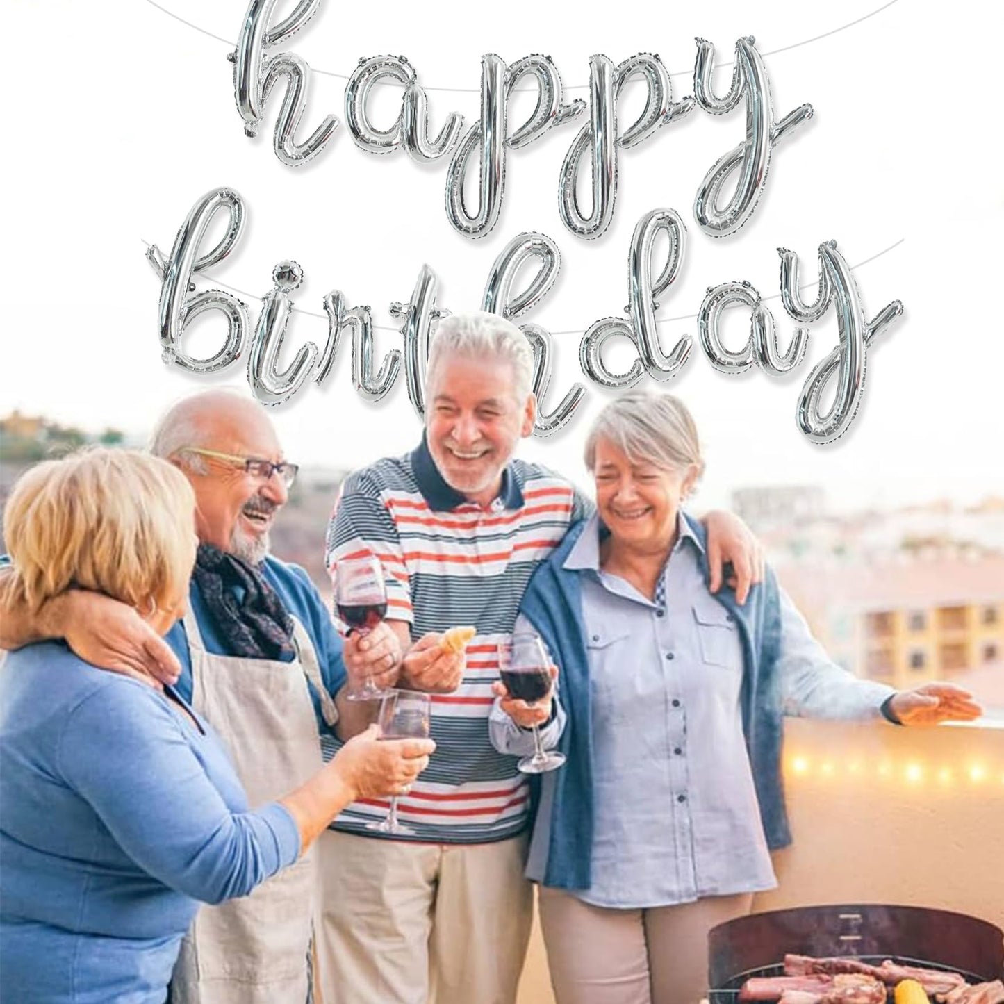 Toniful Silver Happy Birthday Balloons Banner,Cursive Happy Birthday Balloons Silver Birthday Decorations Silver Mylar Foil Birt