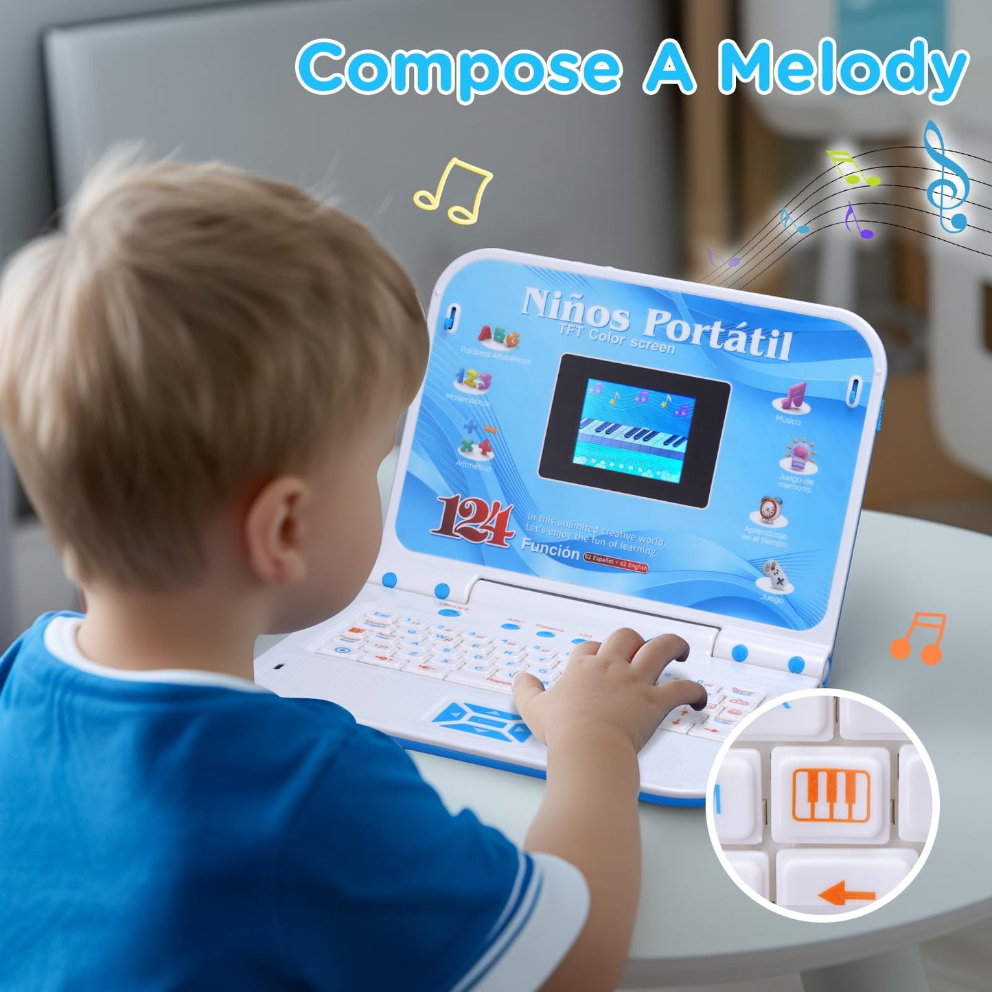 Educational And Bilingual Laptop English/Spanish, Color Screen Kids Laptop With 124 Learning Modes, Computer For Kids Ages 5+