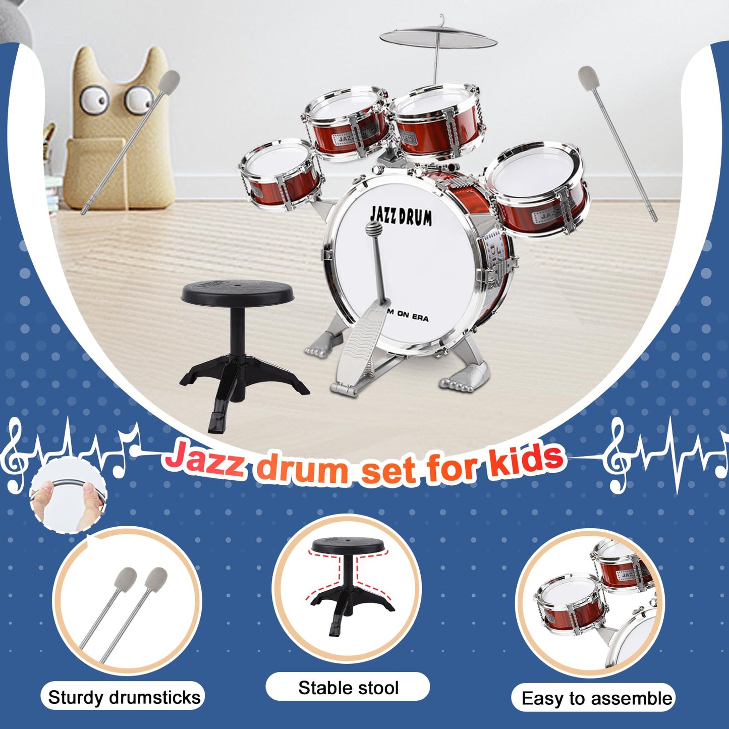 Kid Drum Set For Toddlers 1-3, Jazz Drum Set For Kids Age 3-5 With 5 Drums & Stool Musical Instruments Toy, Christmas / Birthday Gift For 1-3 4 5 Year Old Boys Girls