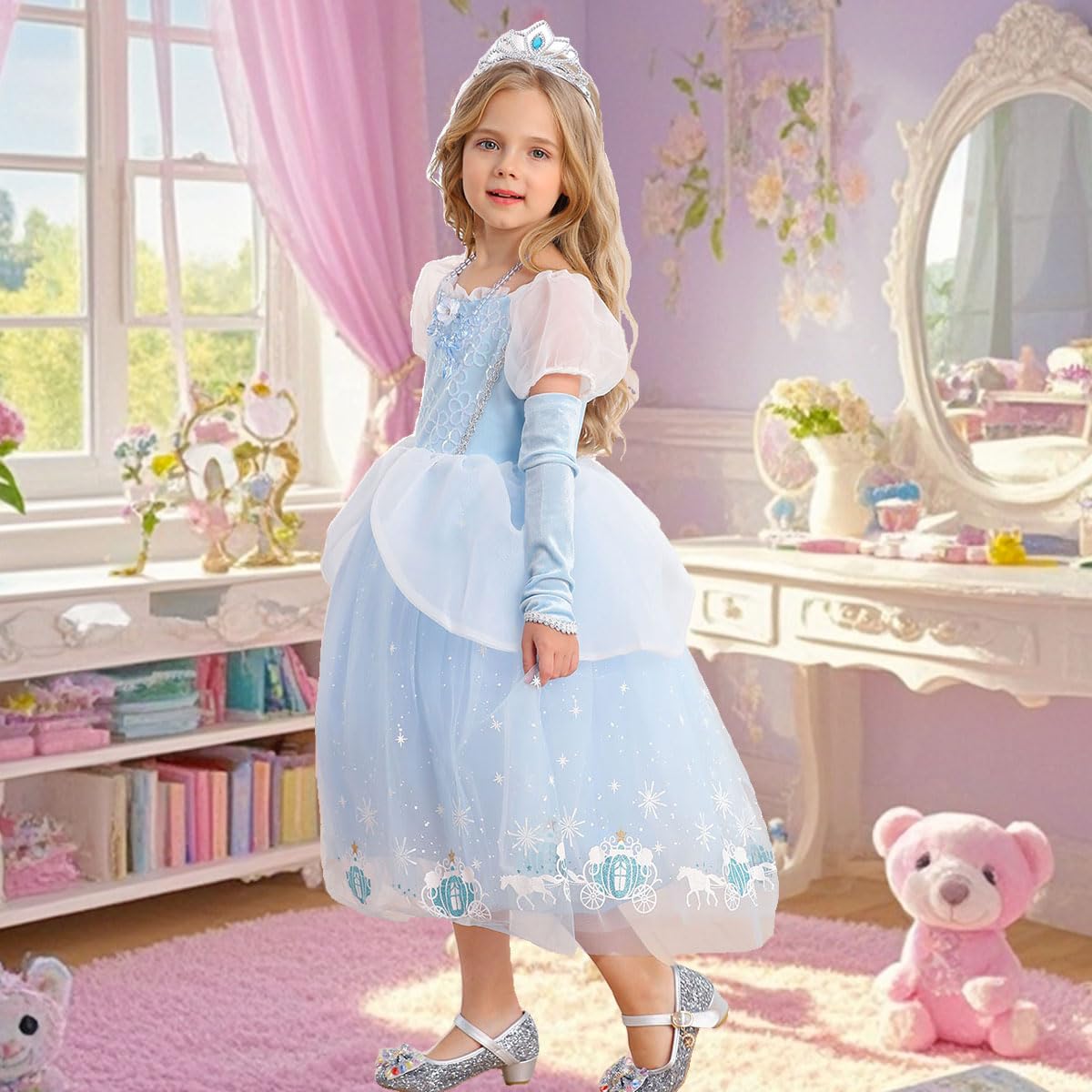 Itvti Cinderella Dress For Girls Kids Blue Princess Costume Halloween Carnival Fancy Dress Up For Cosplay, 6-7 Years(Tag 140)
