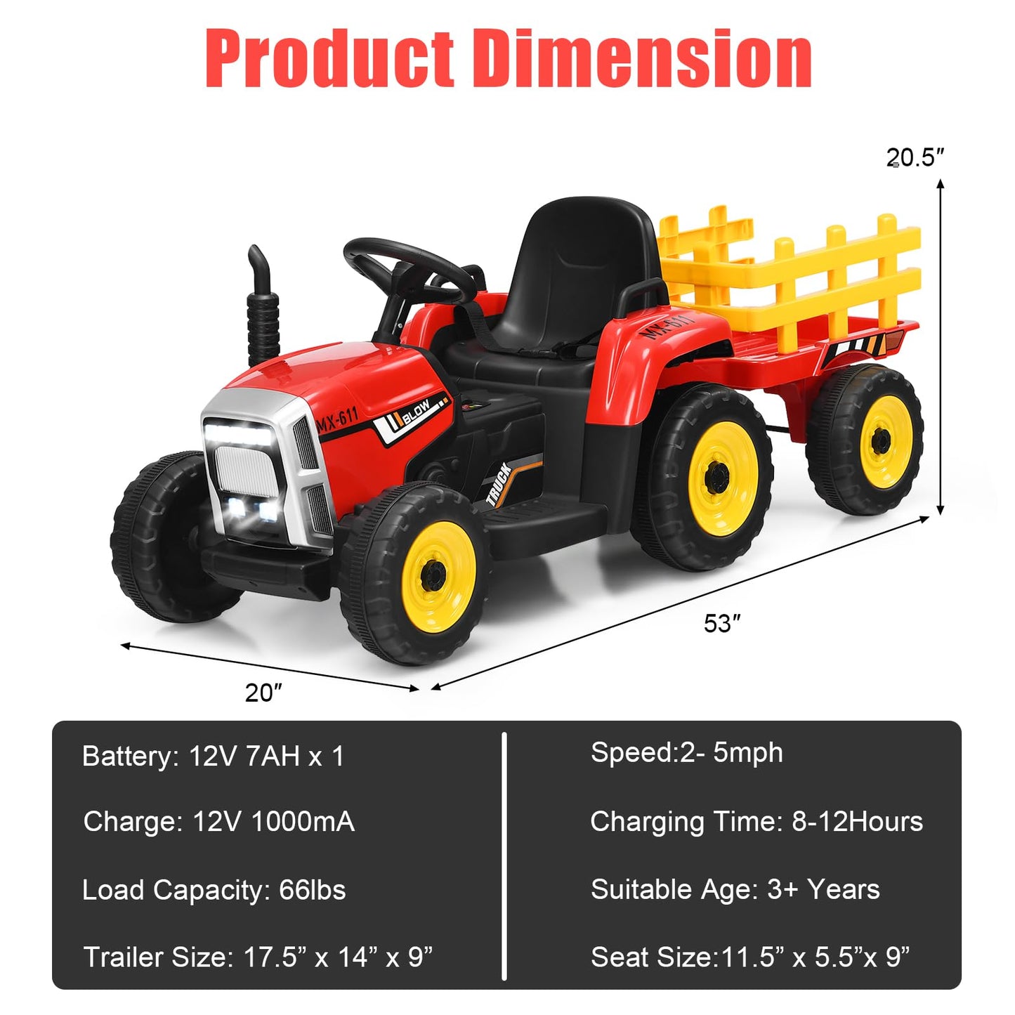 Costzon Ride On Tractor With Detachable Trailer, 12V Kids' Electric Vehicles W/3-Gear-Shift Ground Loader, Wireless Design & Usb, 7 Led Headlights, Remote Control Tractor Toys For Kids 3+ (Red)