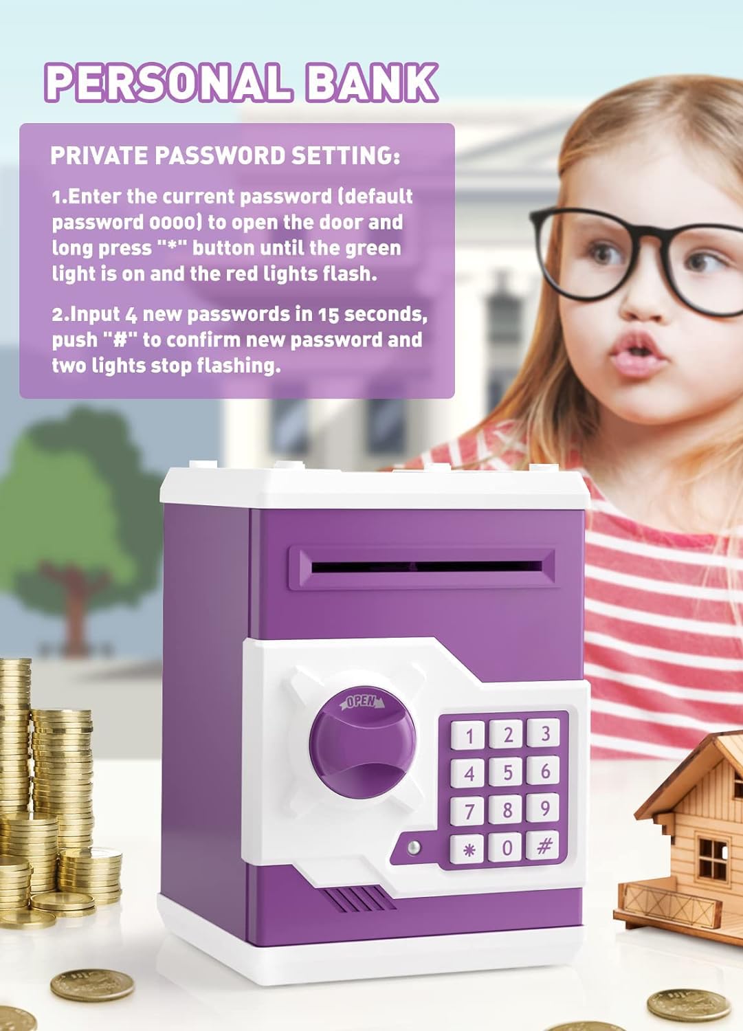 Piggy Bank For Girls Boys Large Electronic Money Coin Banks With Password Protection, Automatic Paper Money Scroll Saving Box, Great Gift For Kids (Purple-White)