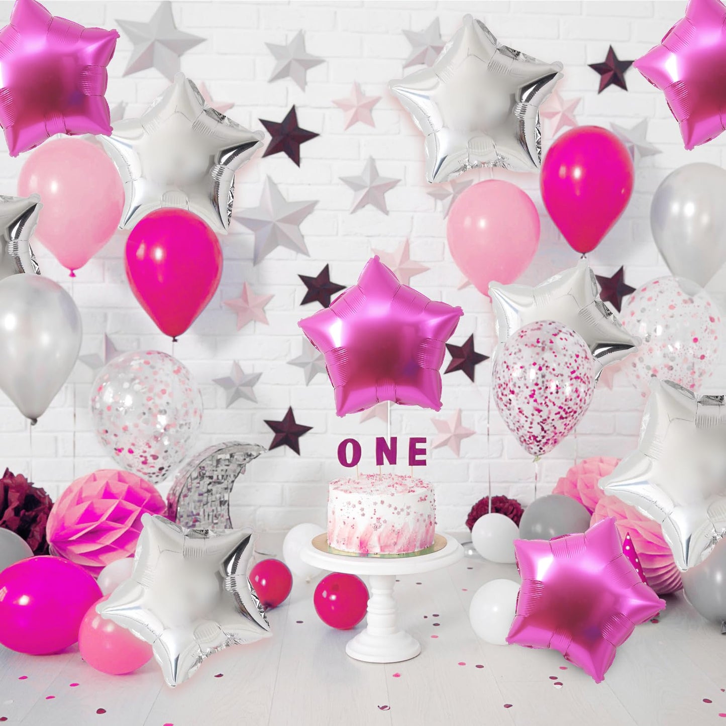 Hot Pink Star Balloons, 18 Inches Star Foil Balloons For Helium, 10 Pcs Rose Red And Silver Helium Birthday Balloons, Party Foil