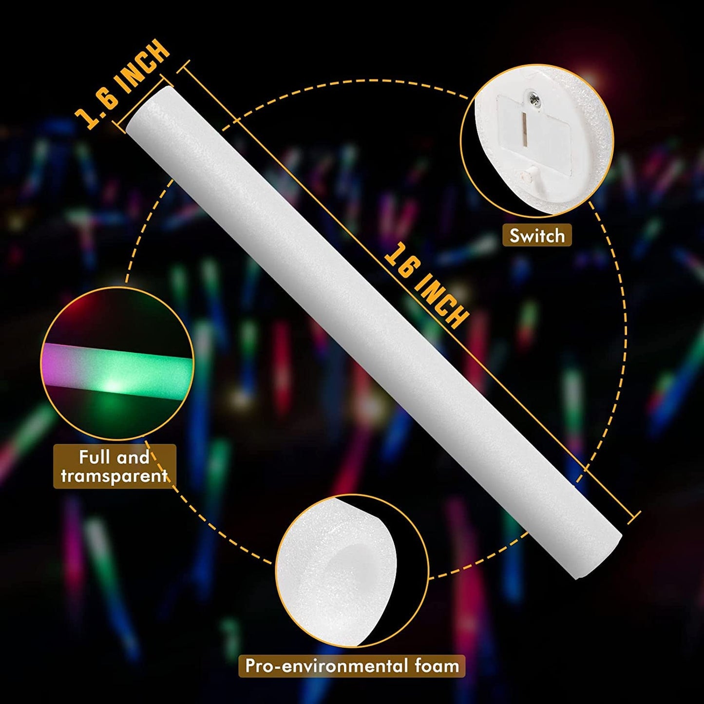 SHQDD 100 Pack LED Glow Sticks for Wedding, Bulk Foam Glow Sticks with 3 Modes Colorful Flashing, Glow Stick Bulk Party Pack for