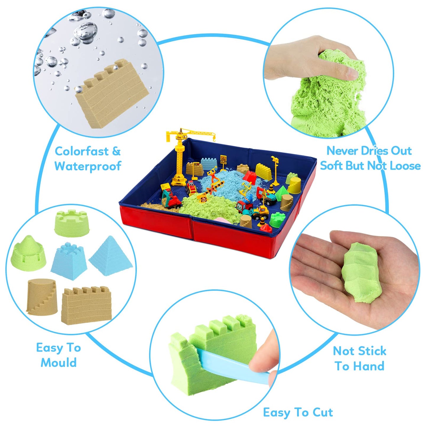 Play Construction Sand Kit for Kids, 3lbs Sand, 6 Mini Construction Trucks, Construction Toys and Signs, Castle Sand Molds Tools