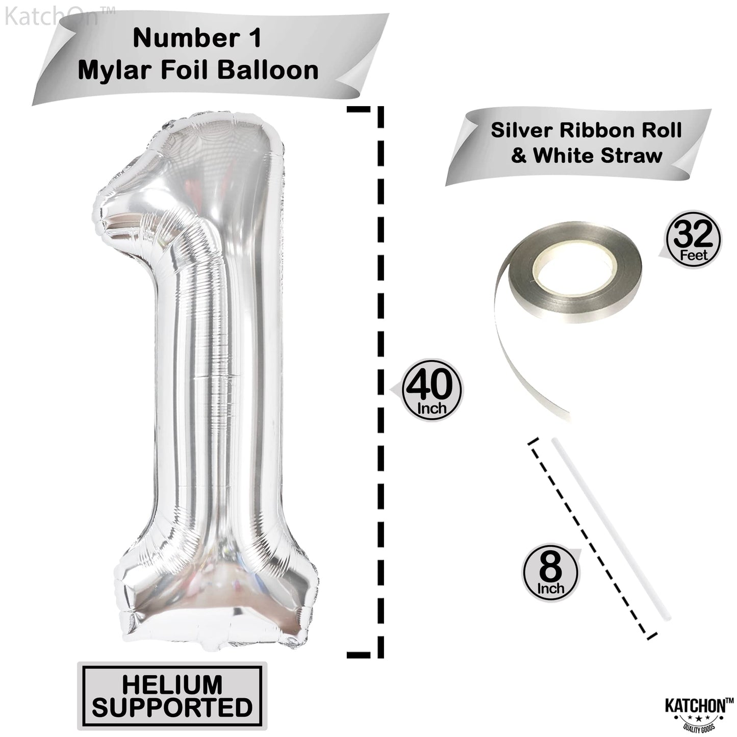 Katchon, Silver 1 Balloon For First Birthday - Giant, 40 Inch | One Balloon For First Birthday, Winter Onederland 1St Birthday Girl | 1 Balloons For 1St Birthday Silver, 1St Birthday Decorations Girls