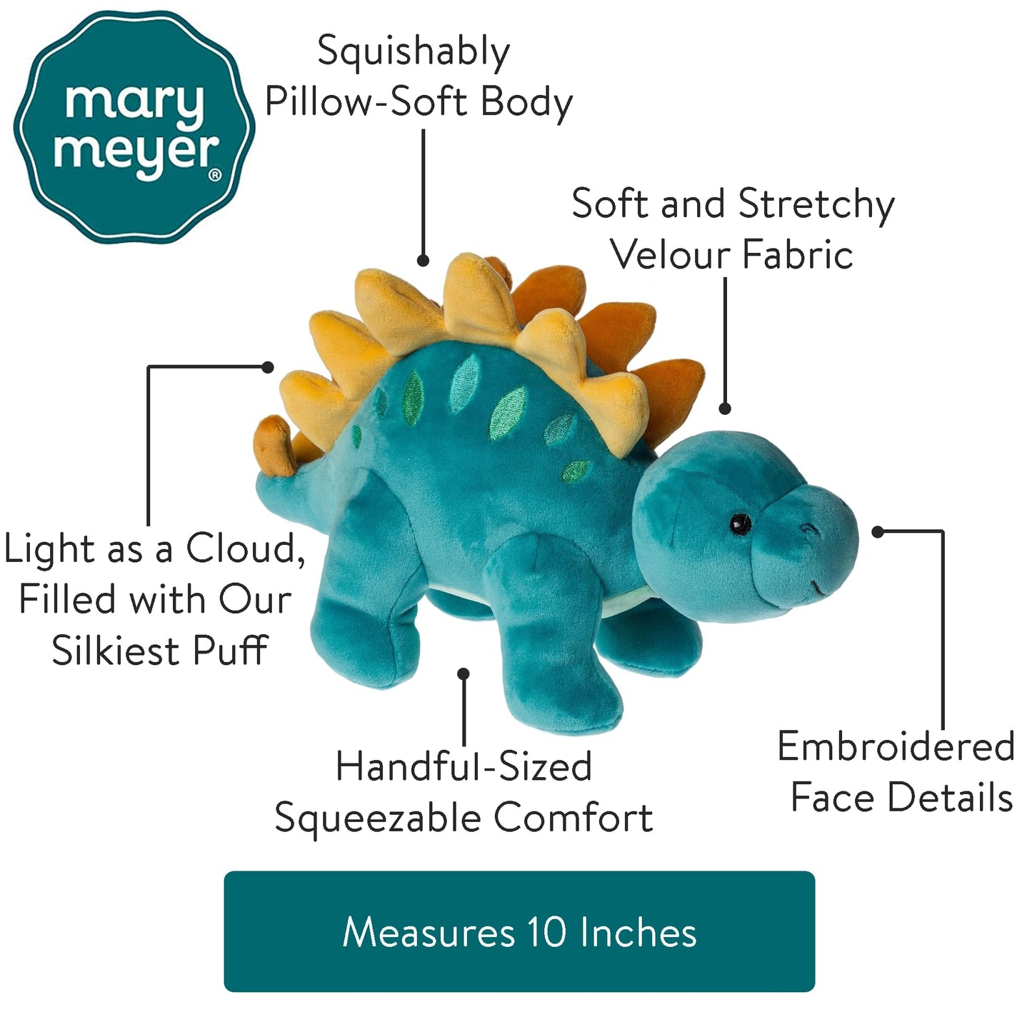 Mary Meyer Stuffed Animal Smootheez Pillow-Soft Toy, 10-Inch Blue Stegosaurus Dinosaur, Soft Polyester Material, Model 54403