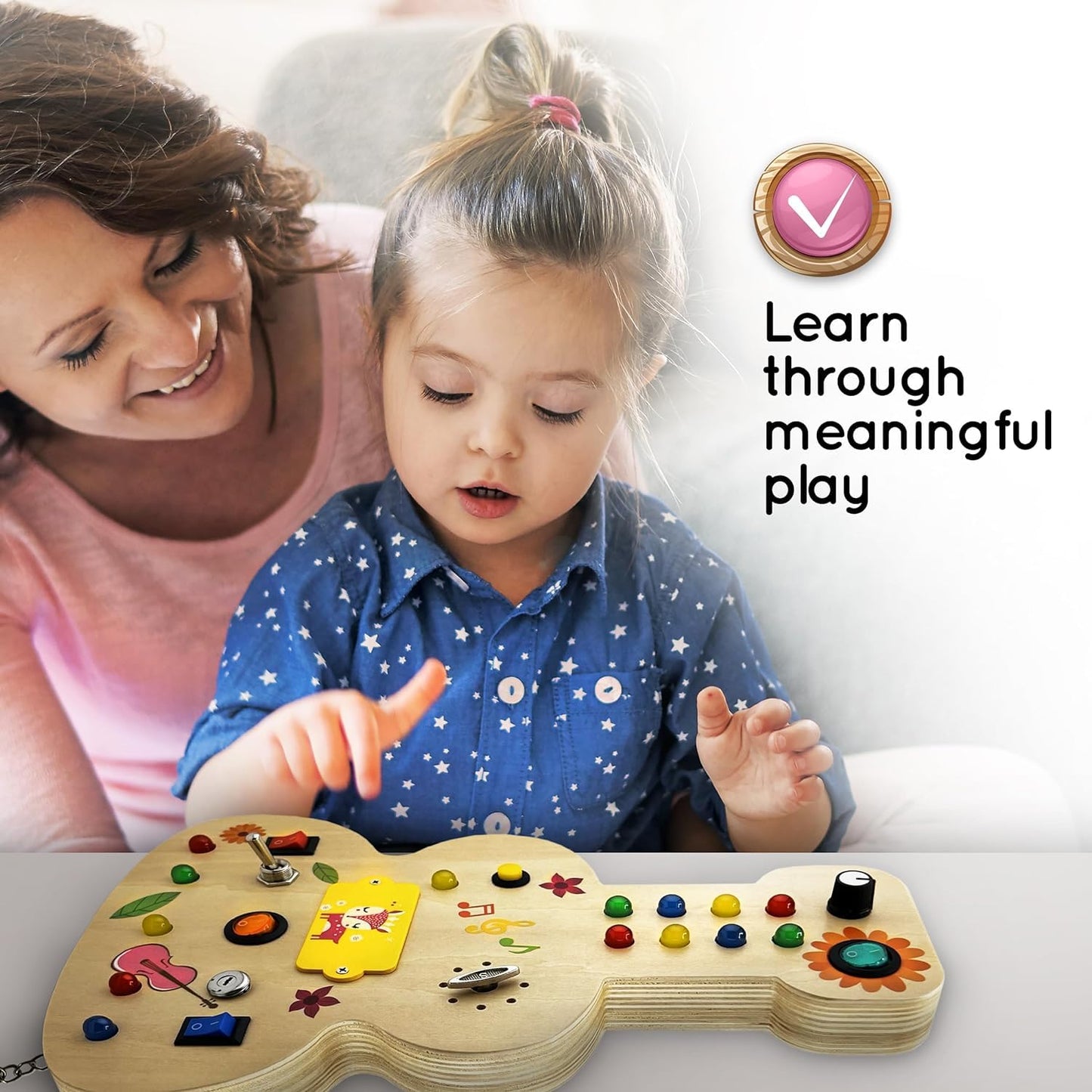 Wooden Montessori Musical Busy Board For Toddlers For 3-5 Year-Old With Mechanical Turner, Colorful Bulbs, Switches, Buttons - E